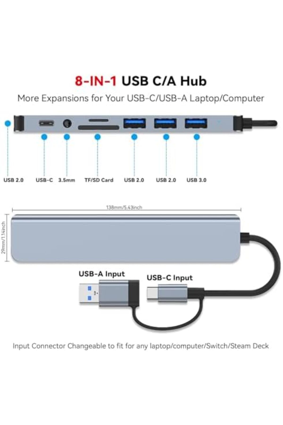 Generic-USB Splitter 8-in-1, USB C Hub, USB Extender with 4 USB Port 1 USBC Jack TF/SD Card Reader 3