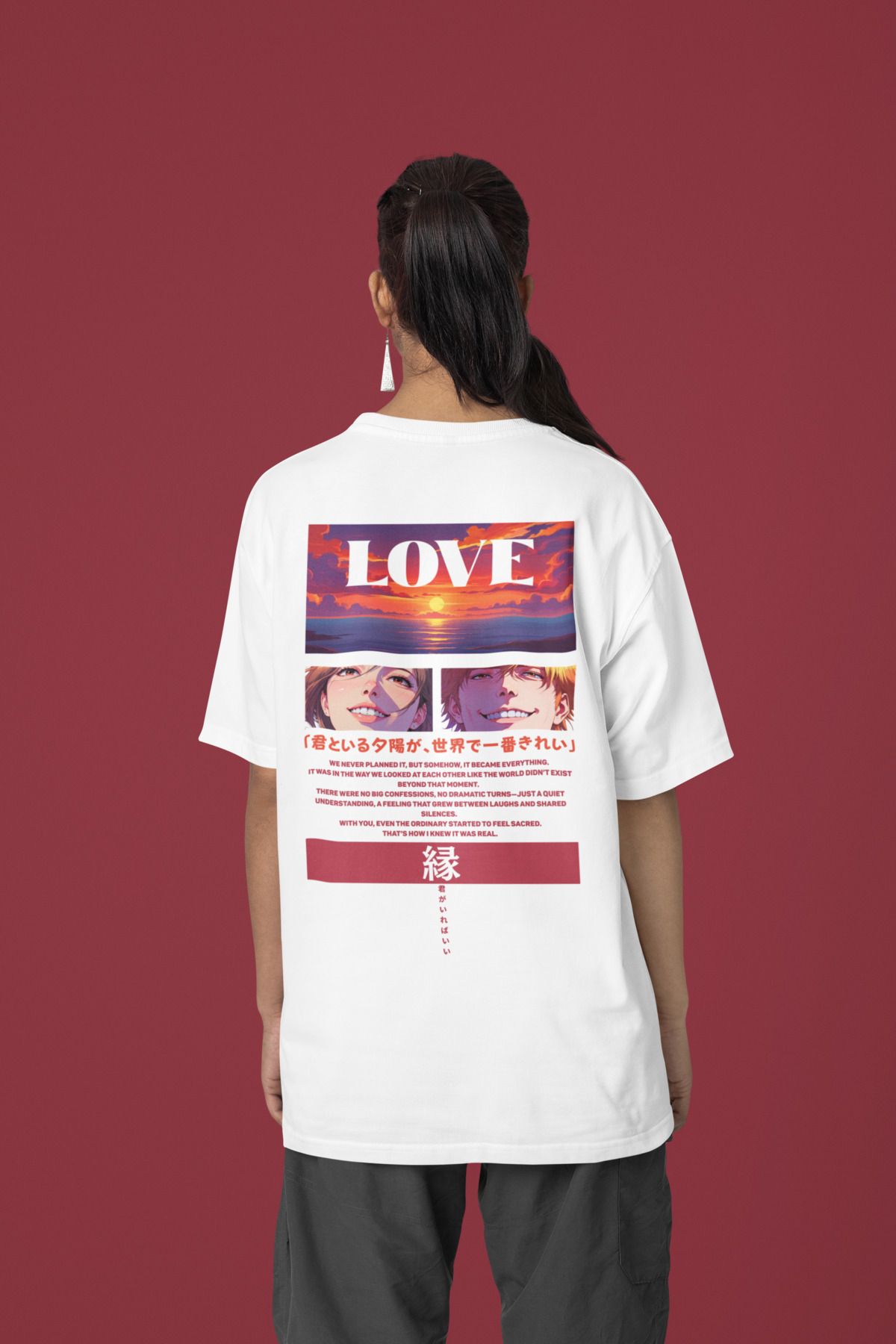 Was Plus Unisex Beyaz %100 Pamuklu Oversize Love Sunset Anime Tasarımlı T-shirt