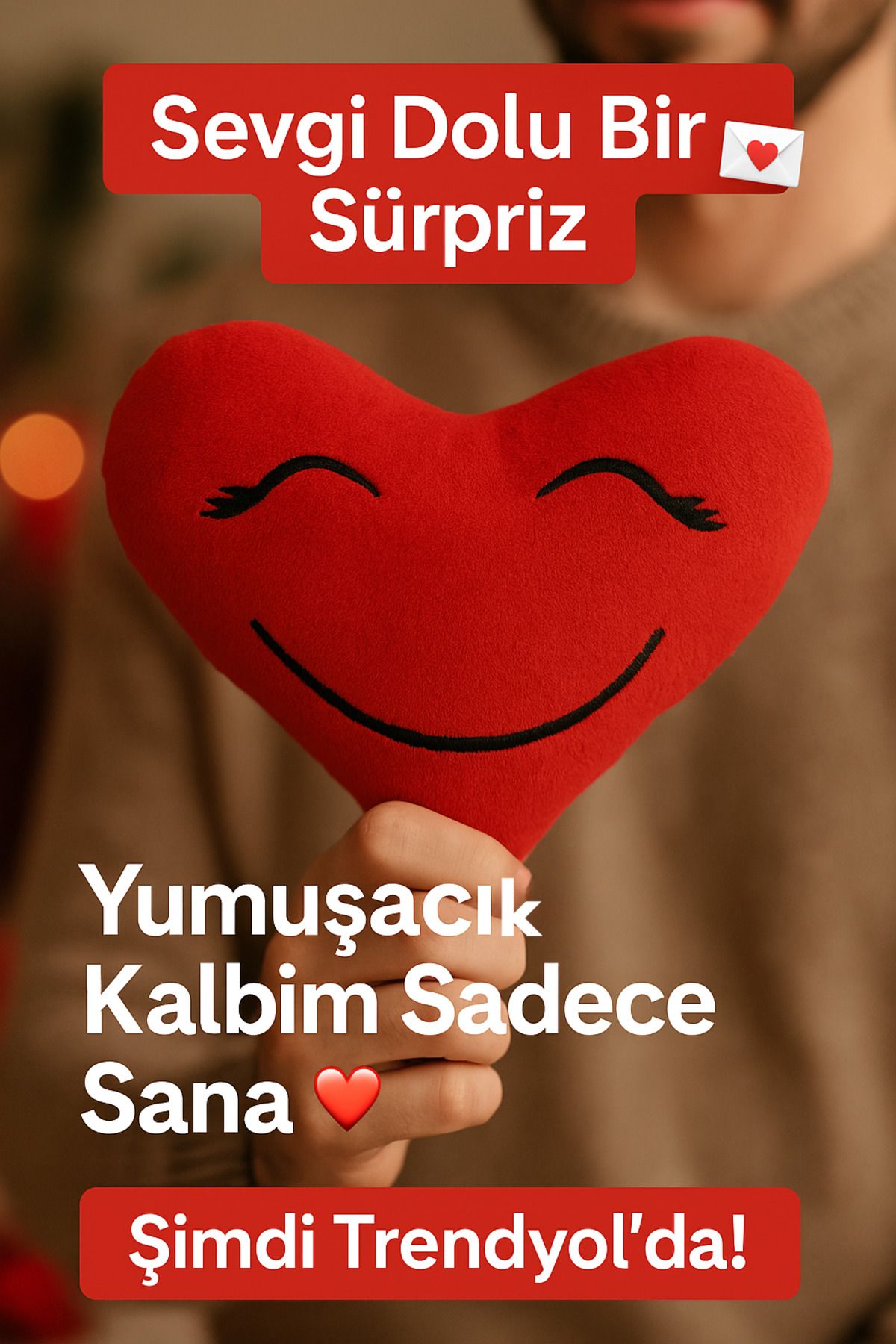 HUA Yumuşacık Kalp Peluş Yastık - Gülen Hediye Kalp Yastık - Yumuşacık Kalbim Sadece Sana