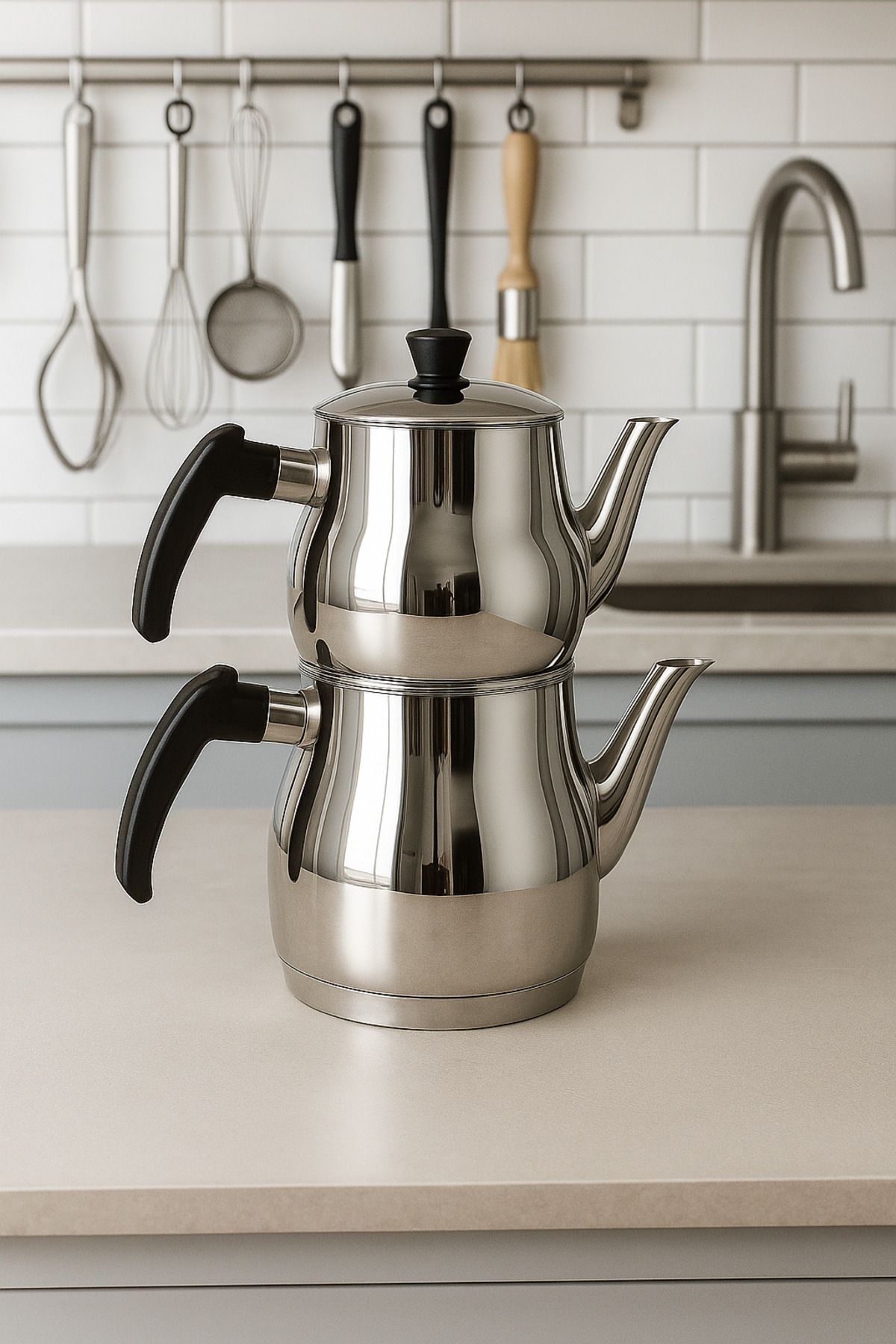 YUNUSOĞLU HOME-Classic Teapot Set – 0.8L Teapot 1.25L Sub Teapot – Stainless Steel – with Cold Holding Handle 2