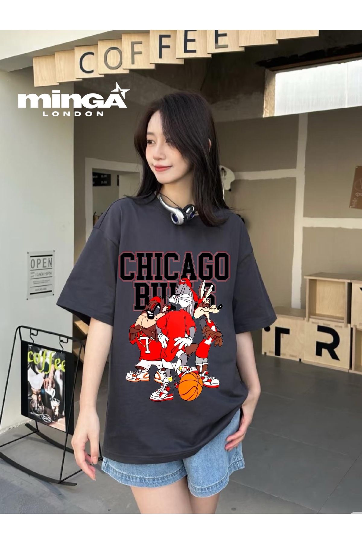 Minga London Chicago Rabbit Cartoon Baskılı Füme Oversize Tshirt- Minga London