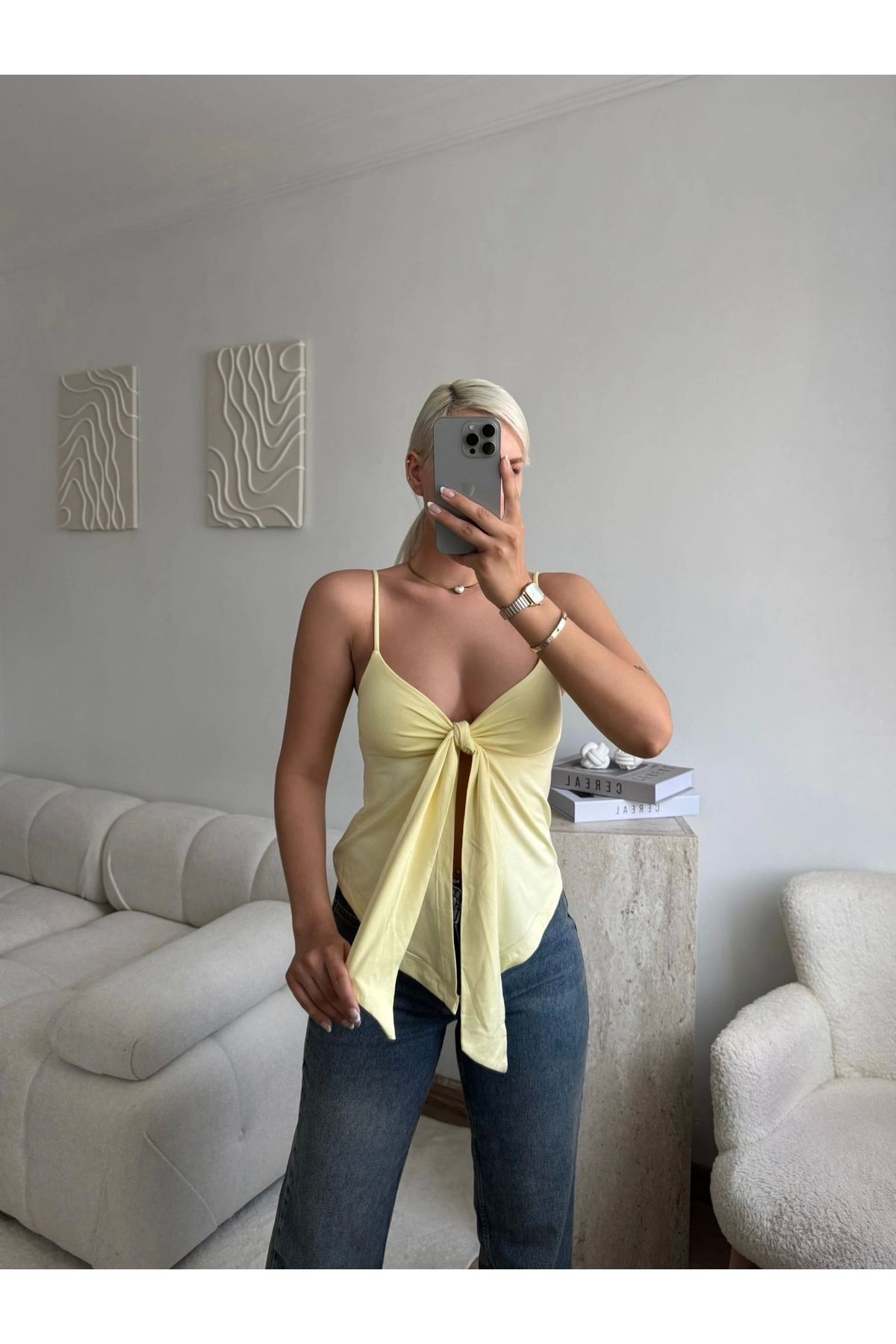 Zora Butik Ön Bağlamalı Askılı Crop - SARI