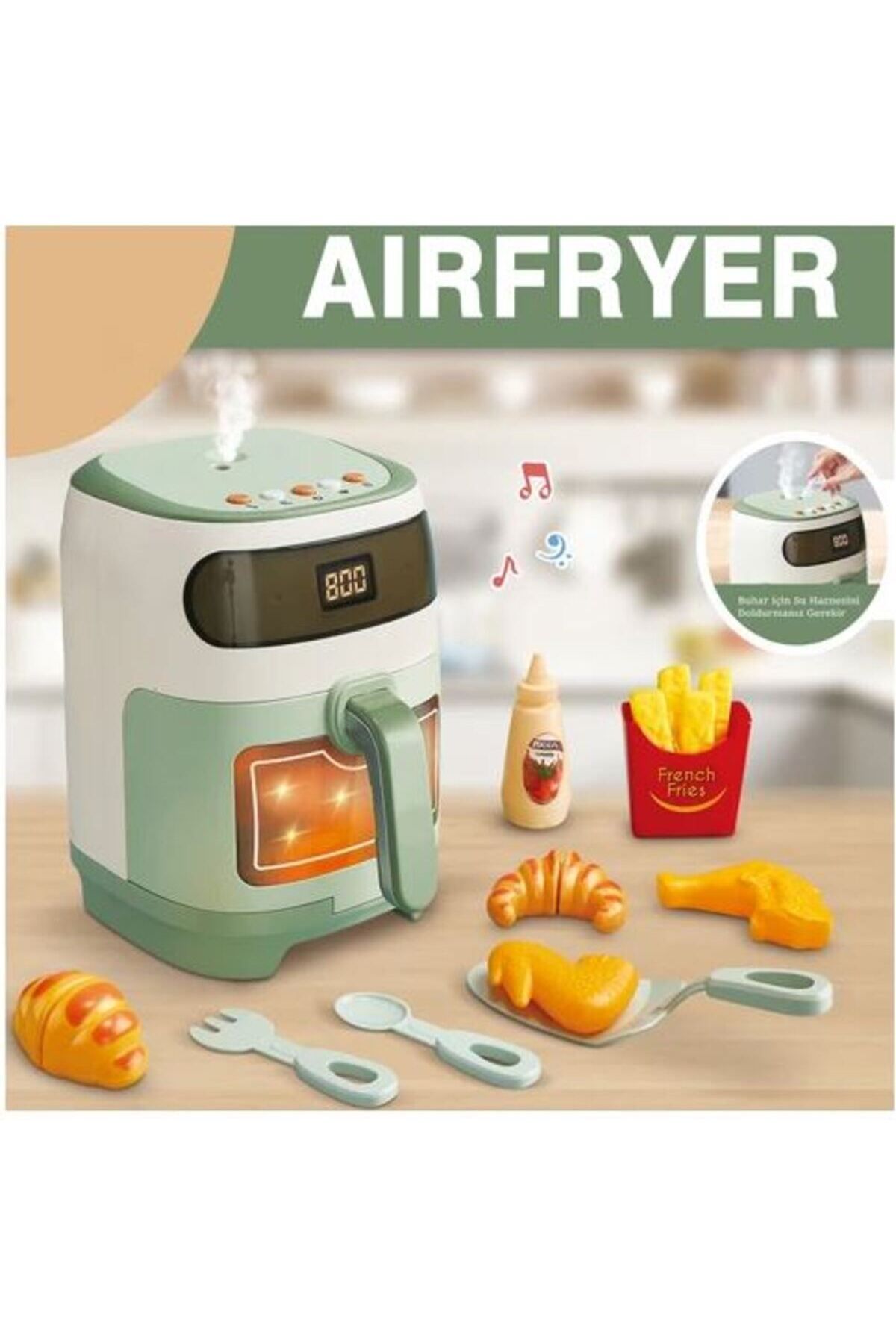 LEARNING FUN 14 Parça Işıklı Müzikli Buharlı Oyuncak Airfryer ve Yemek Malzemeleri