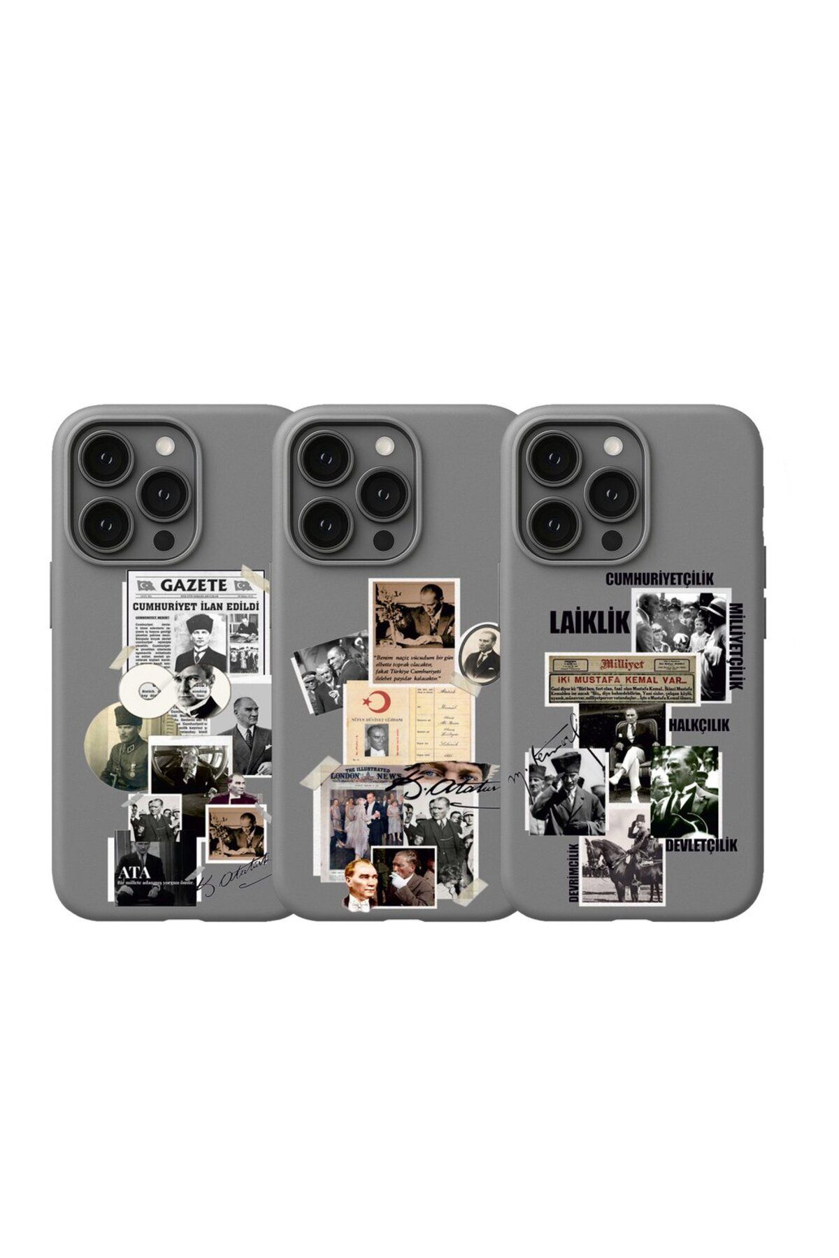 Hasdem Case iPhone 12/12 Pro Uyumlu Atatürk Kolaj Tasarım Baskılı İçi Kadife Lansman 3'lü Kılıf