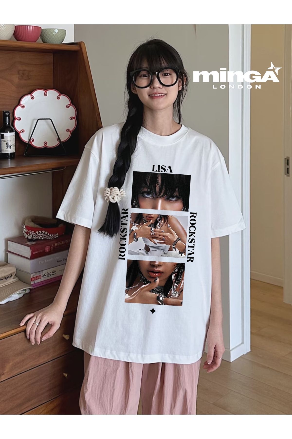 Minga London Blackpink Lisa Rockstar Baskılı Beyaz Oversize Tshirt- Minga London