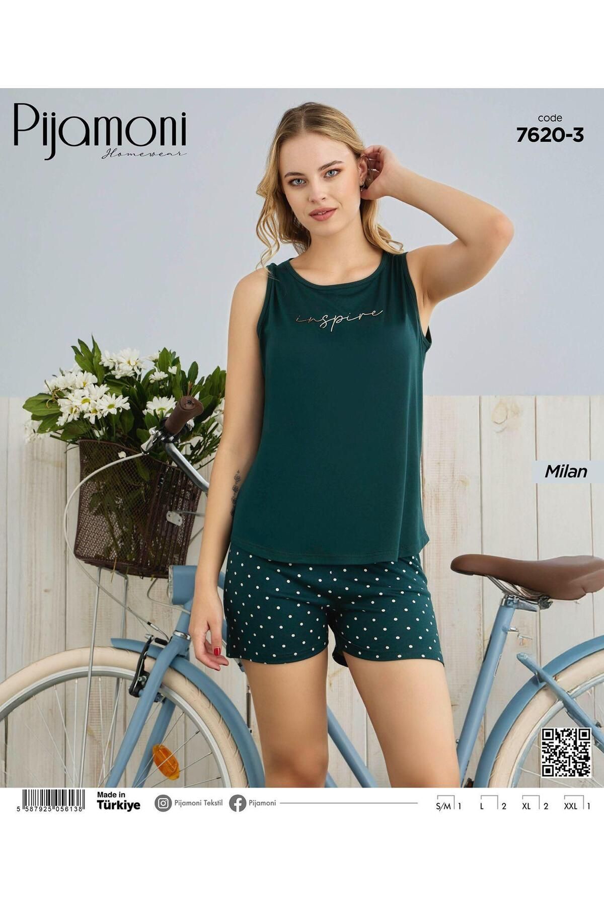 Pijamoni Koyu Yeşil Renkli Bambu Milan Kumaş Askılı Şortlu Kadın Pijama Takımı