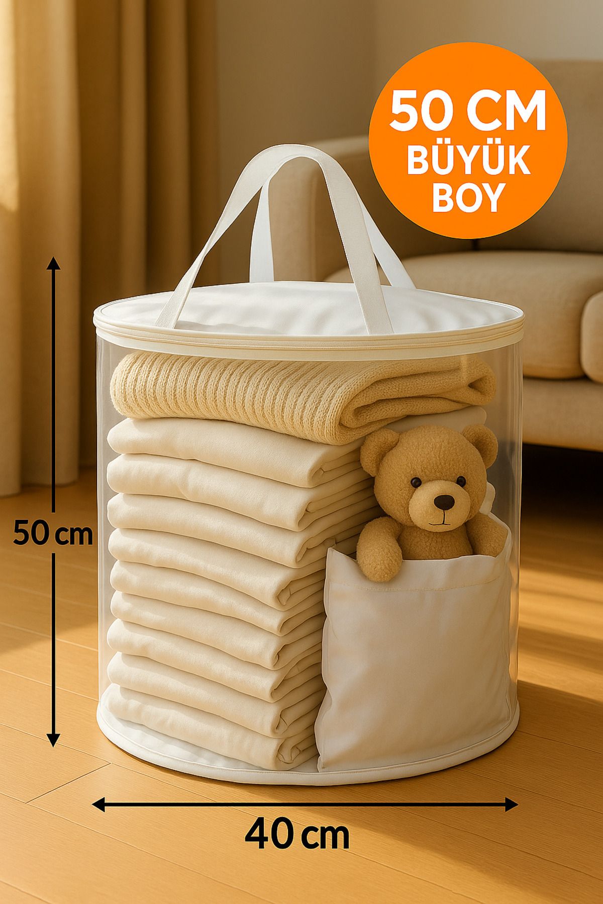 AboutThePerfect 50x40 Şeffaf Silindir Hurç, Büyük Boy, Kapaklı ve Taşıma Saplı, Dayanıklı ve Şık