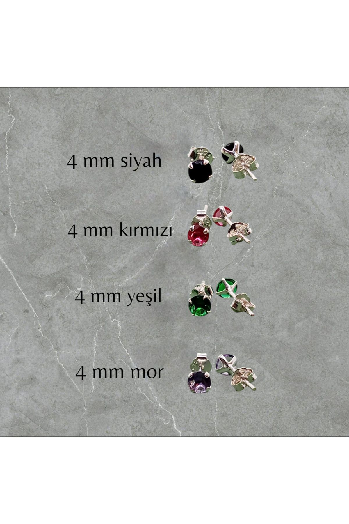 Kjewelry 925 Ayar Gümüş ( 4mm ) Zirkon Tektaş Renkli Yuvarlak Küpe ( 1 Çift )