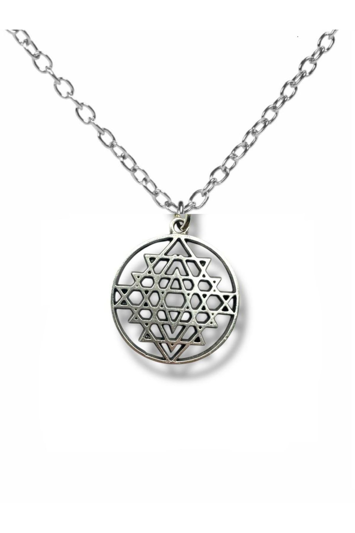 Herşey Nota Sri Yantra Sembol Figürlü Kolye – Gümüş Renk Spiritüel Metal Unisex Takı