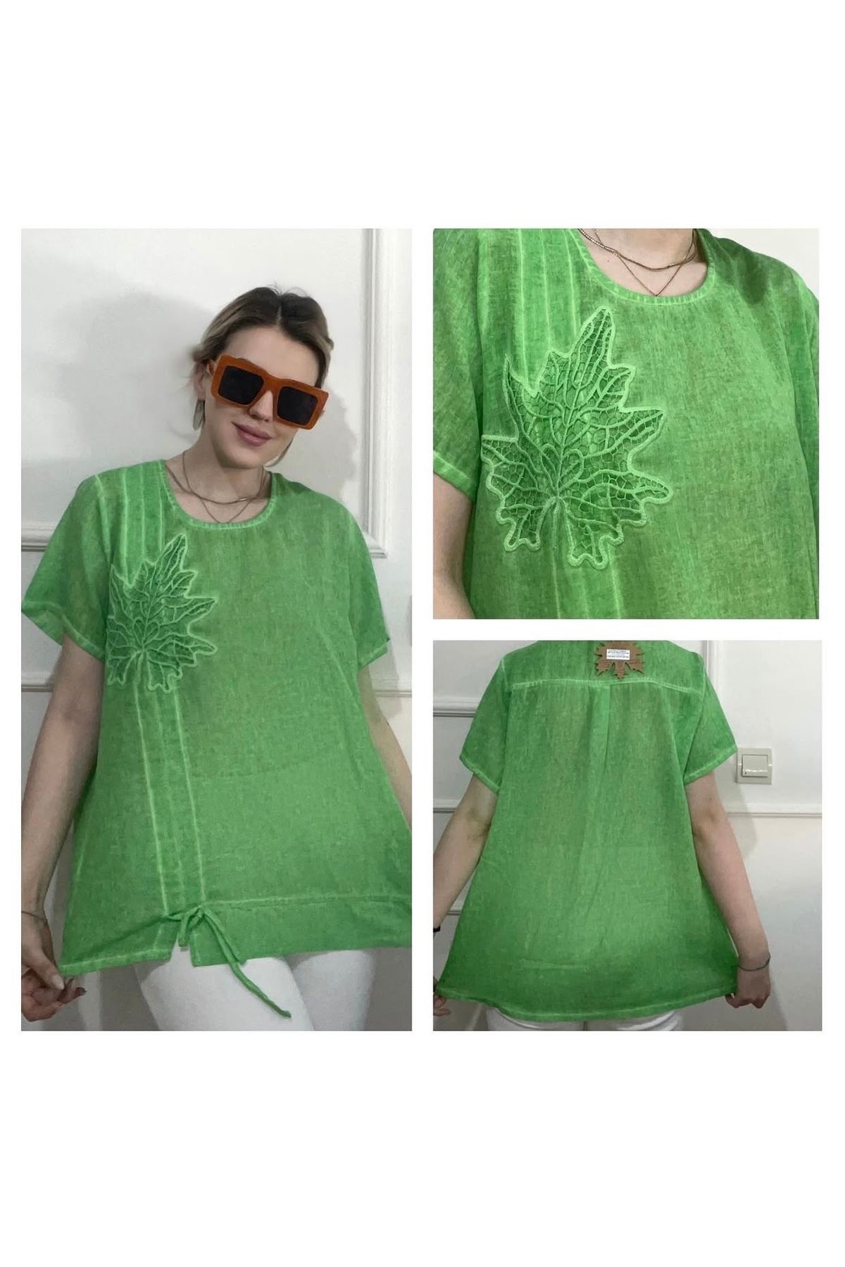 Butik Otantik keten kadın kısa kol büyük beden yazlık kalp yaprak fiyonk detaylı bluz