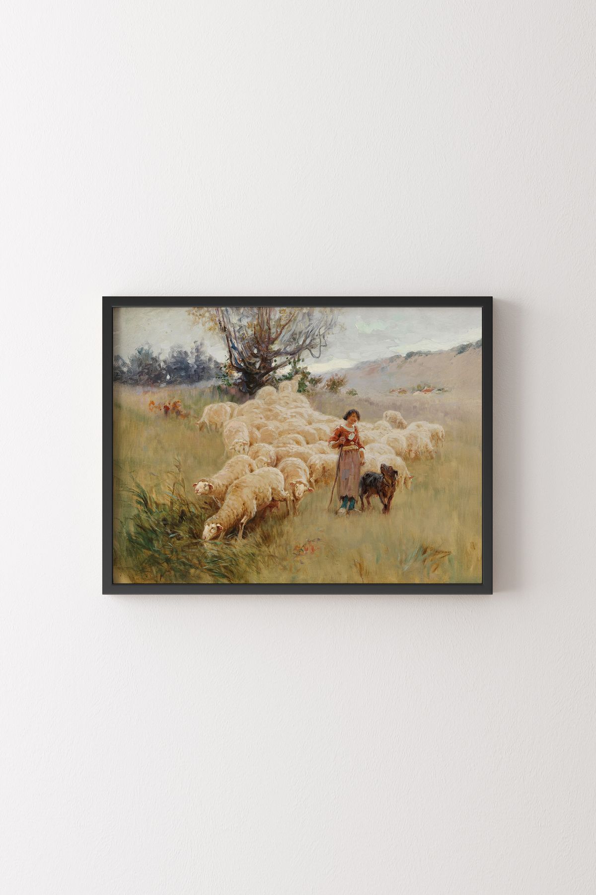 epiqart Kadın ve Koyun Sürüsü - Siyah Çerçeve