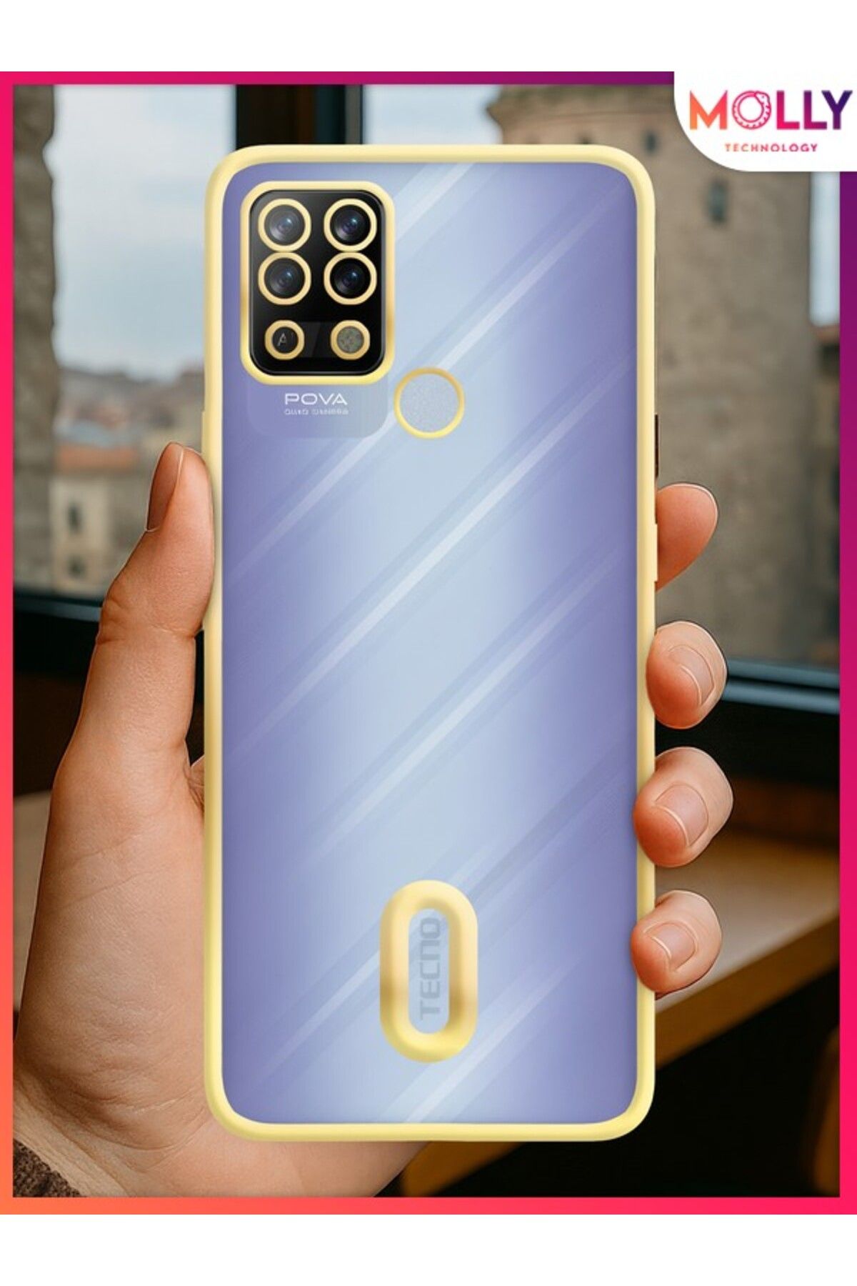 Molly TECNO POVA LD7 İçin Kenarları Gold Lens Koruyuculu Lou Lazer Şeffaf Silikon Kılıf