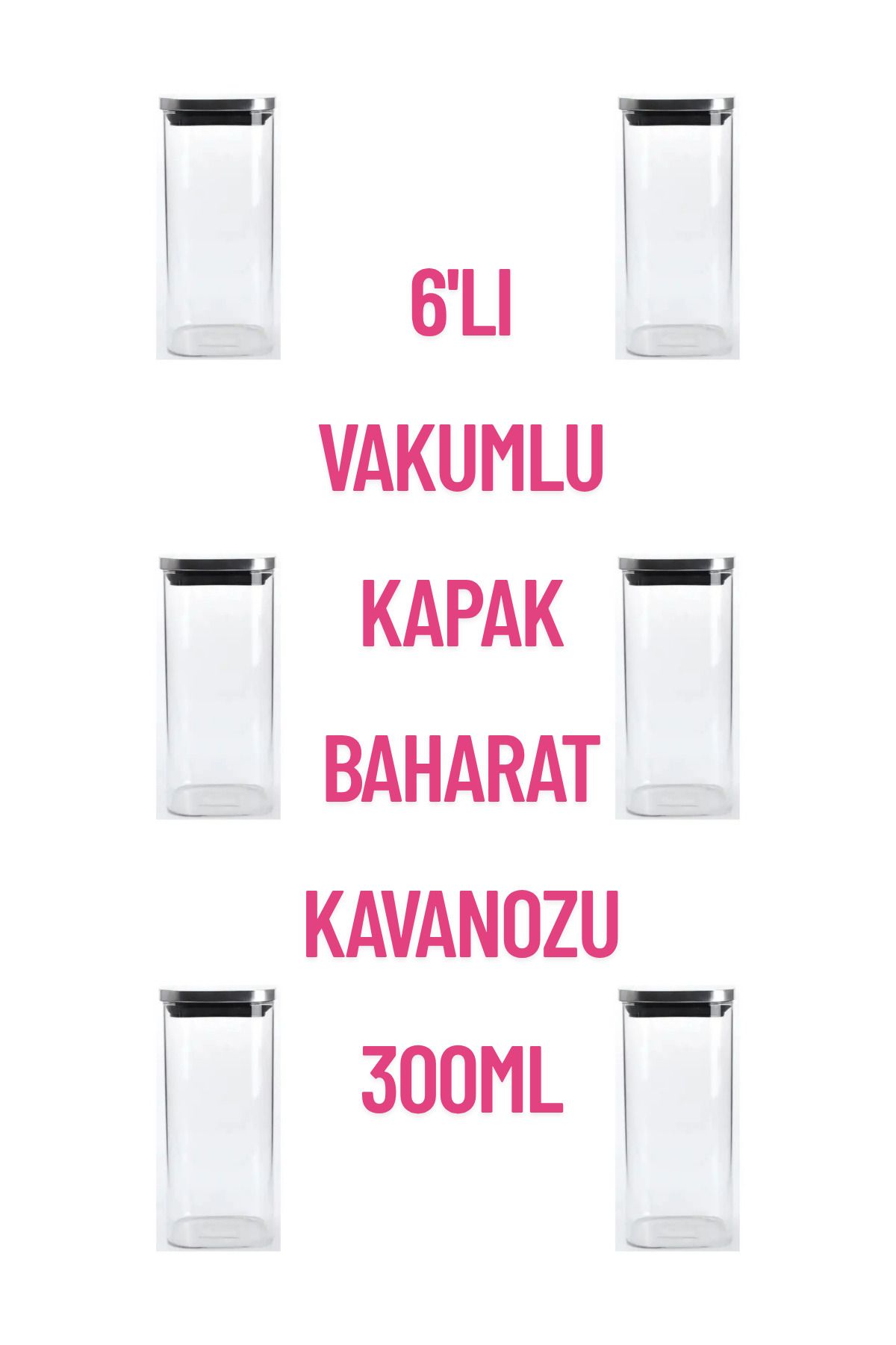 PudraLuna 6'lı Vakumlu Krom Kapaklı Kare Cam Baharat Saklama Kavanozu 300ml