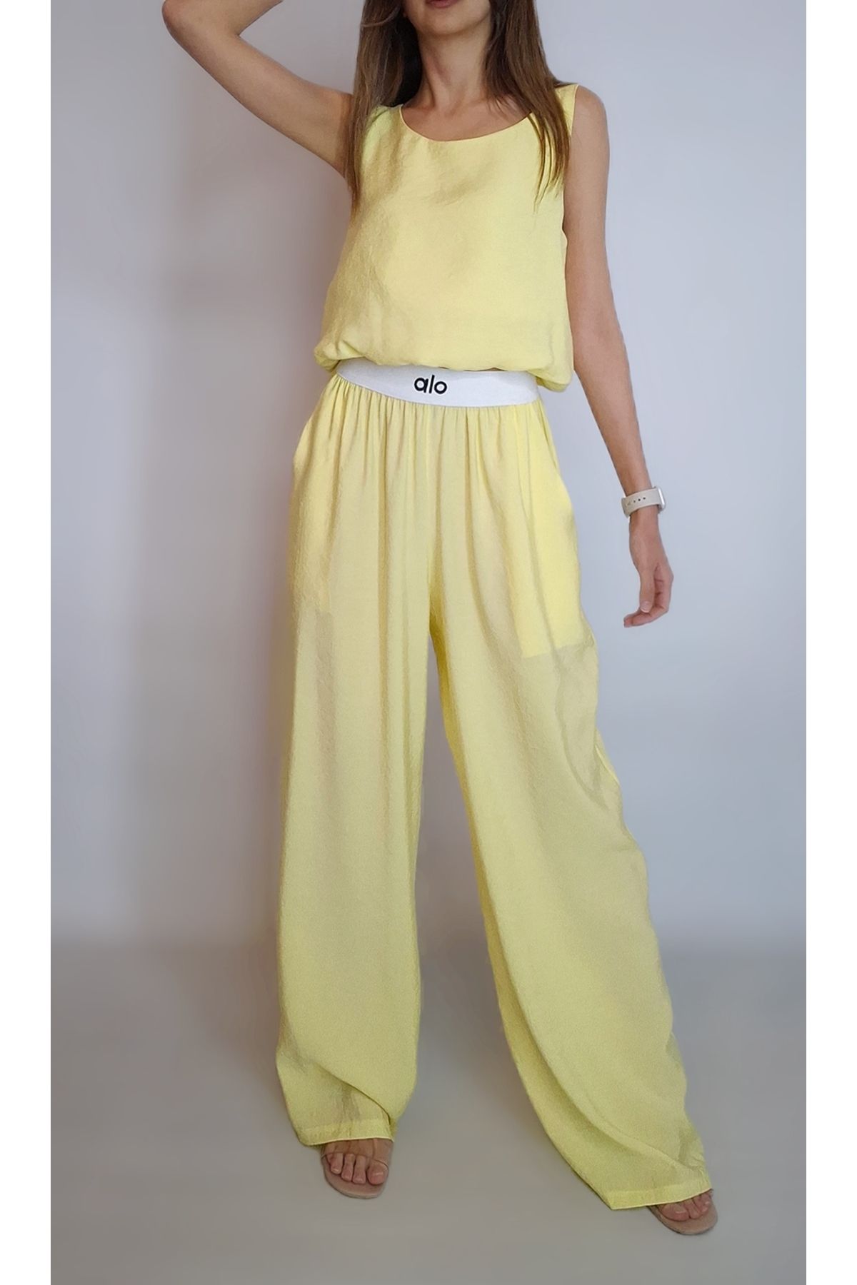 oyagüler KADIN TEREYAĞ SARISI BALON BLUZ BOL PAÇA PANTOLONLU MODAL KUMAŞ TAKIM YY101246