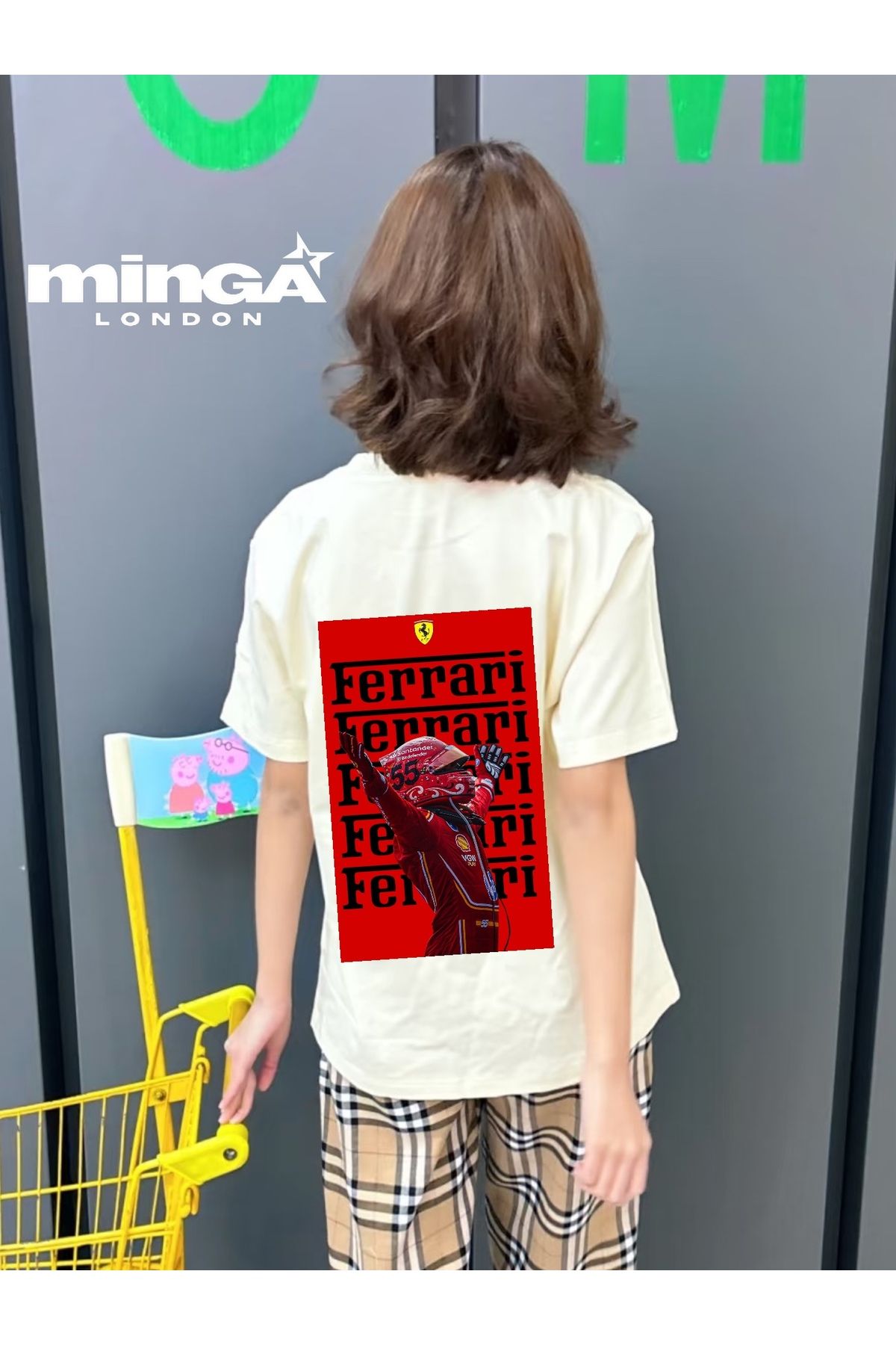Minga London Racing Car Baskılı Bej Oversize Tshirt- Minga London