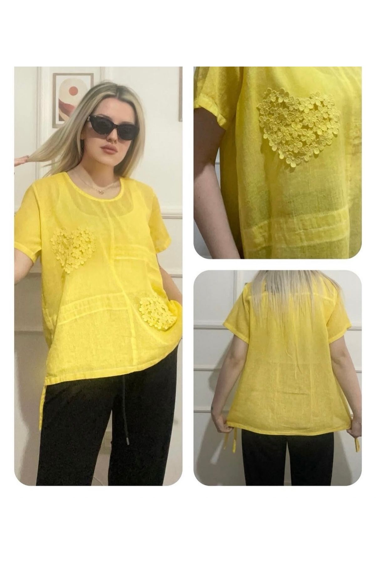 Butik Otantik keten kadın kısa kol büyük beden yazlık kalp yaprak fiyonk detaylı bluz