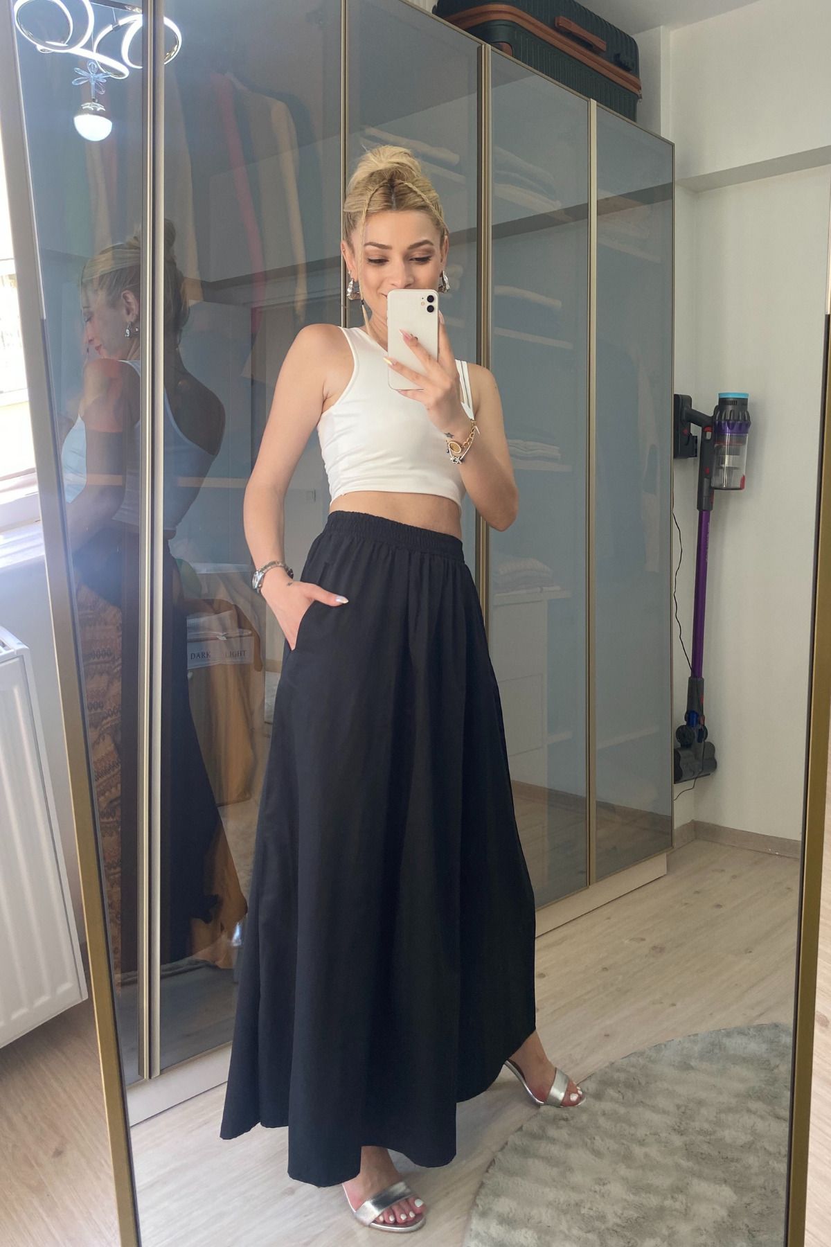 moddosa fashion CEPLİ BELİ LASTİKLİ UZUN POPLİN ETEK