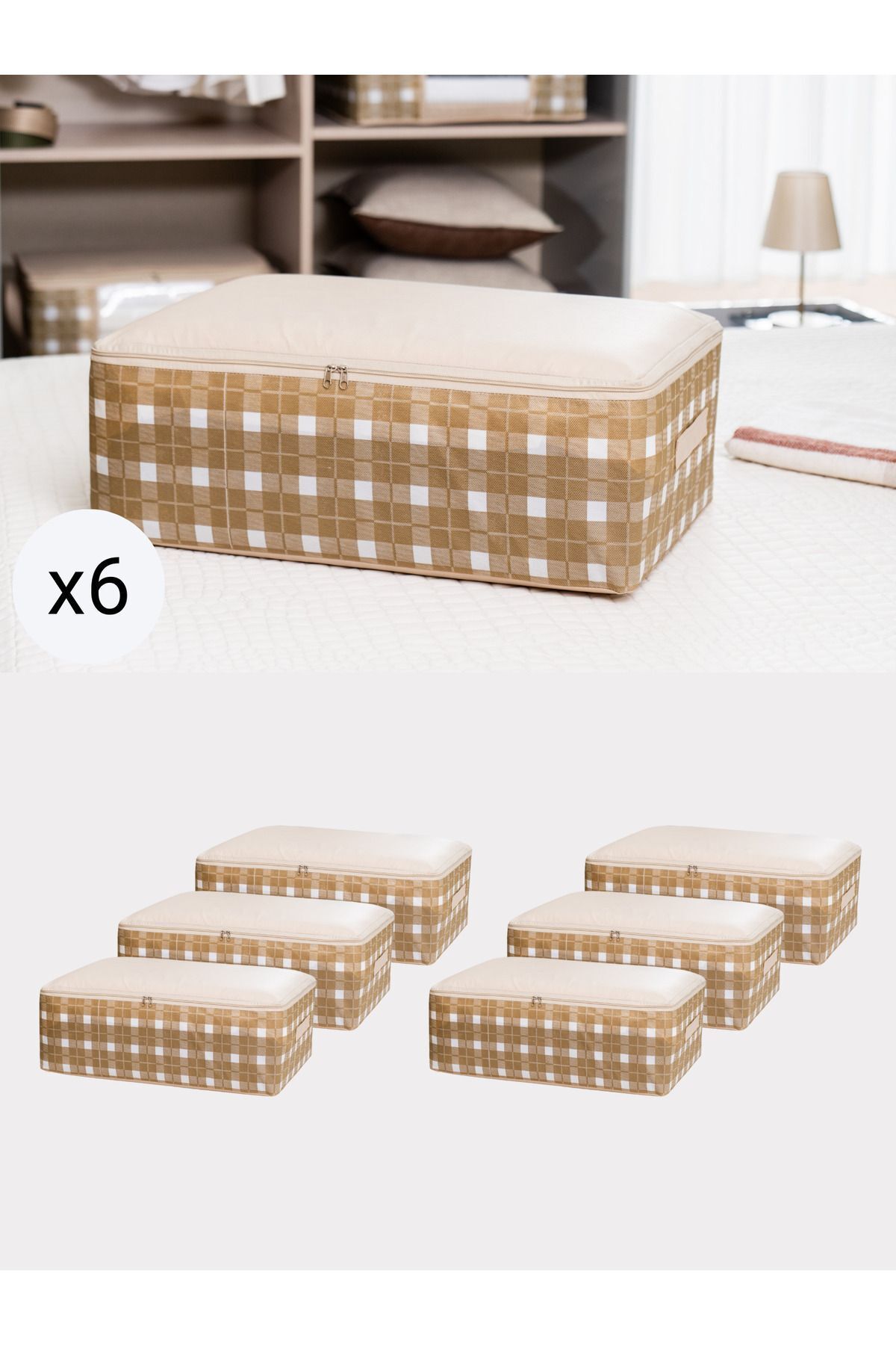 teknotrust Bej Kare Desenli Ekose Baza Altı Düzenleyici Hurç Seti 60x40x20 cm, 6'lı
