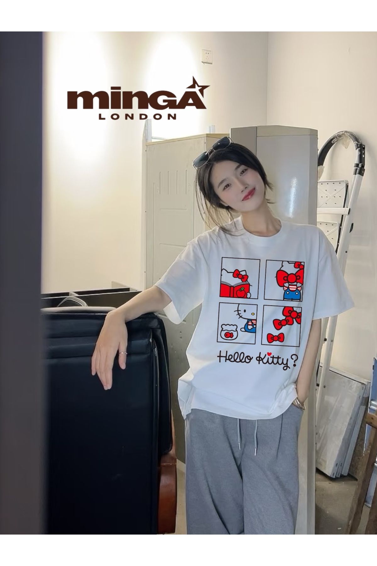 Minga London Hello Kitty Baskılı Beyaz Oversize Tshirt- Minga London