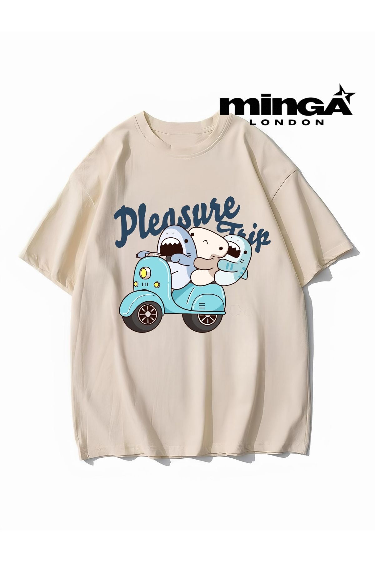 Minga London Shark Trip Baskılı Bej Oversize Tshirt- Minga London