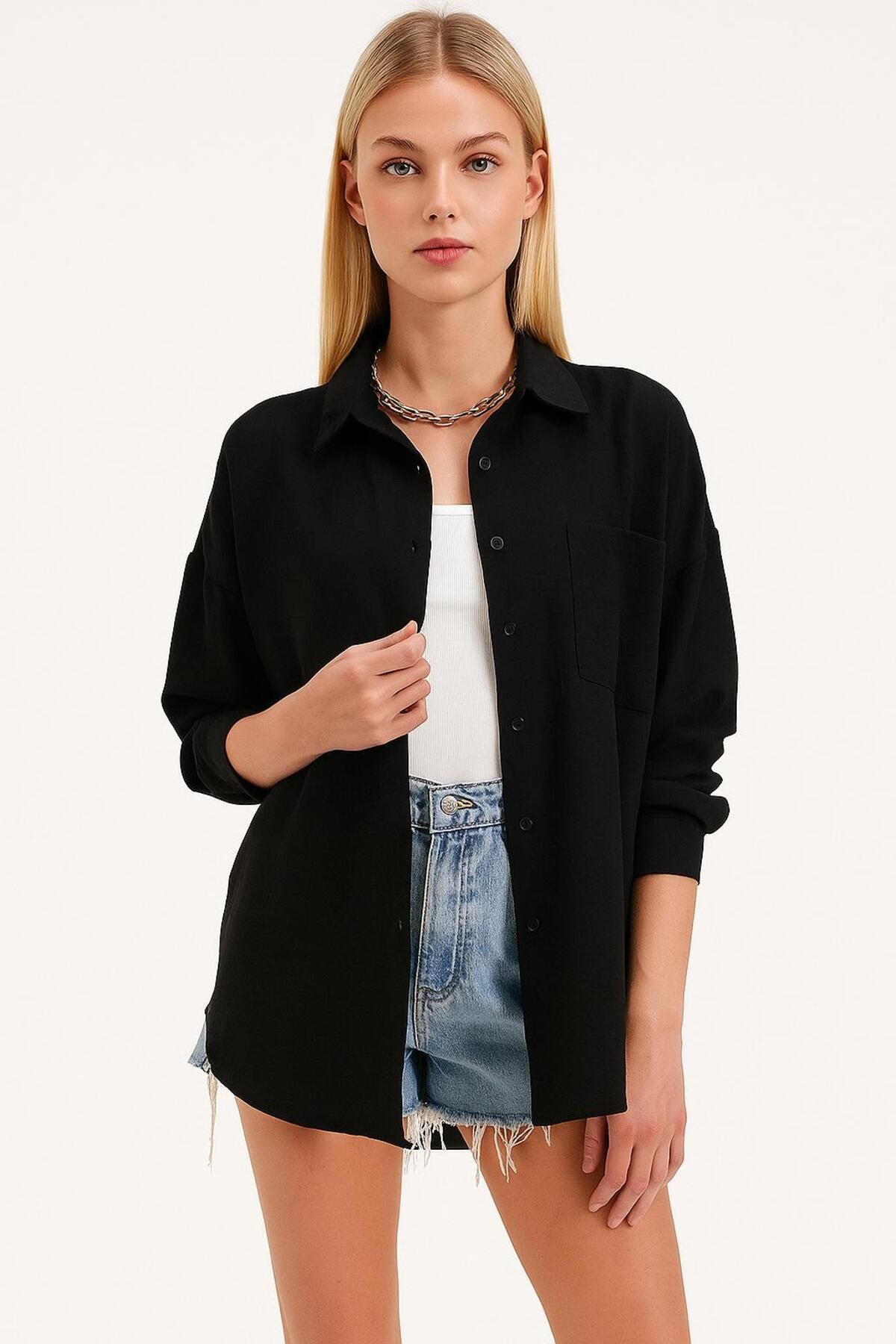 Mayer Butik Oversize Keten Dokulu %100 Pamuk Tek Cepli Salaş Gömlek