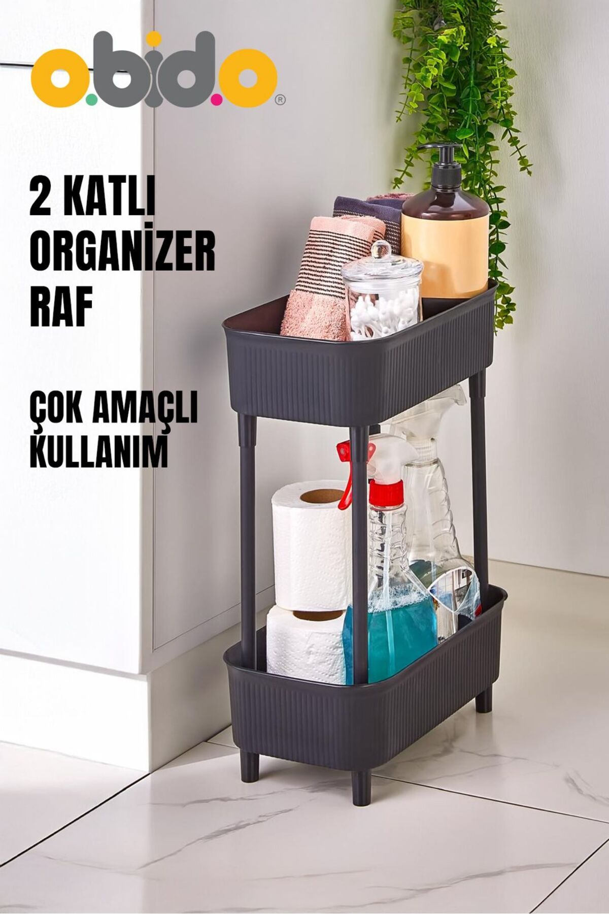 obido 2 Katlı Organizer Banyo ve Mutfak Rafı Dolap İçi Düzenleyici Tezgah Altı Deterjanlık ”Antrasit”