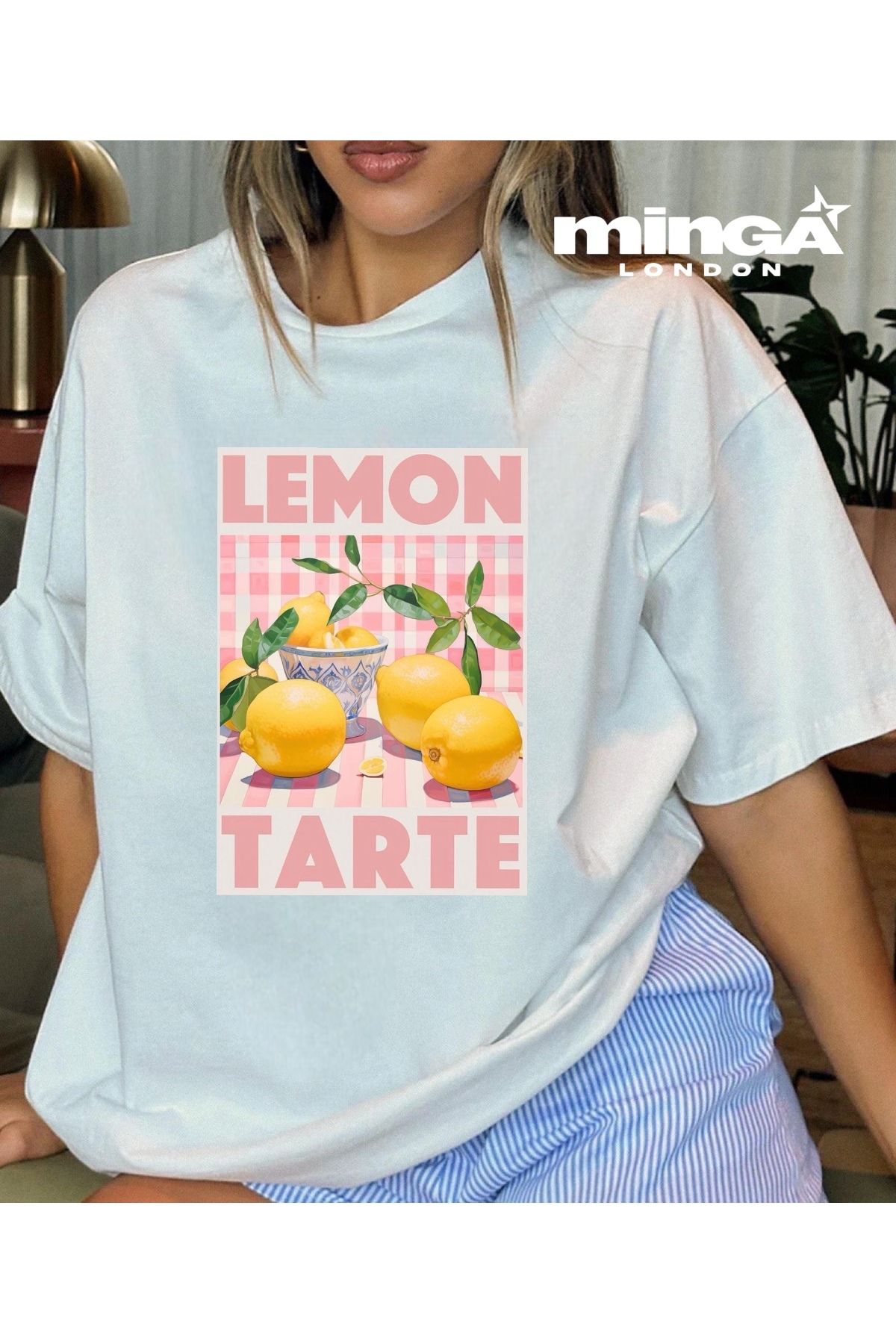 Minga London Yellow Lemon Baskılı Beyaz Oversize Tshirt- Minga London