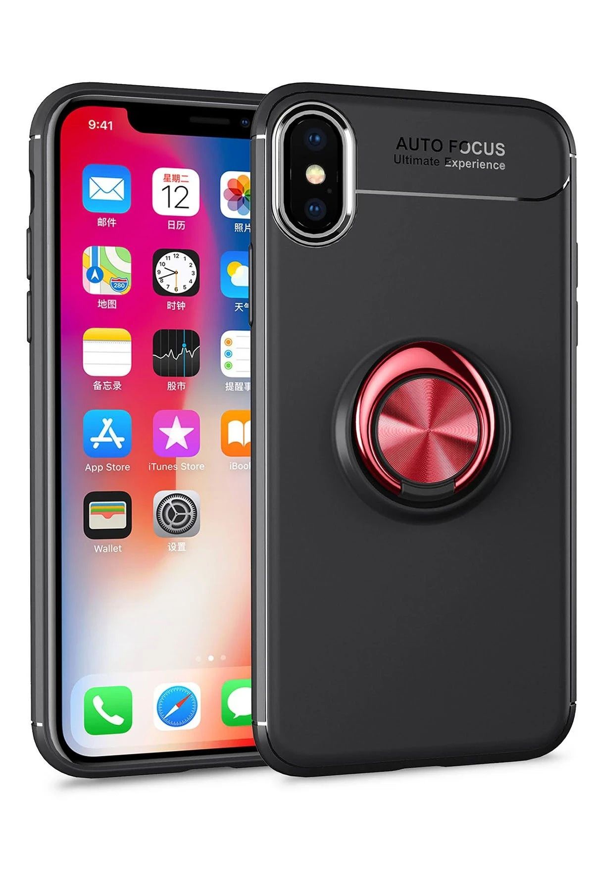 CepteToptan iPhone XS Max Kılıf Range Yüzüklü Silikon - Siyah-Kırmızı