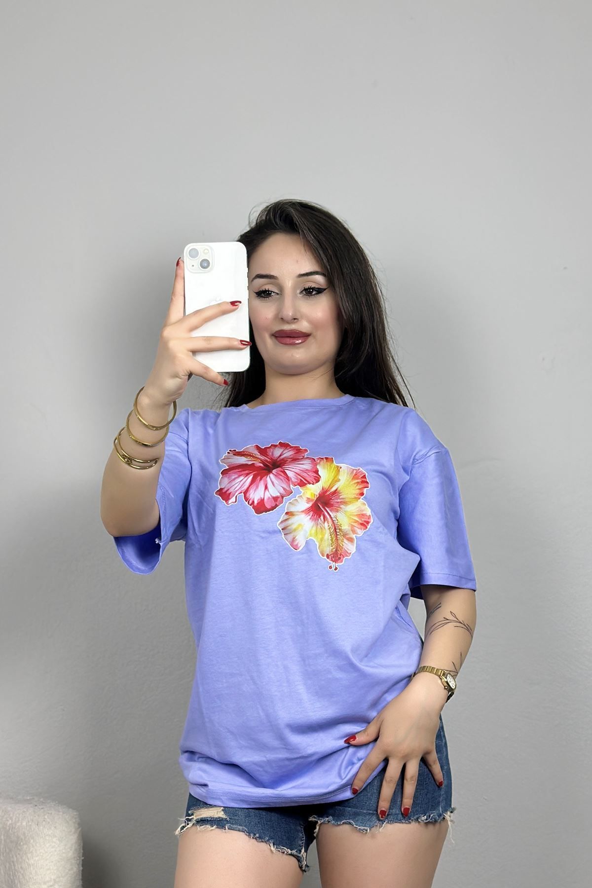 Fashi10 Lüx Penye Dijital Baskılı Oversize Tişört Lila
