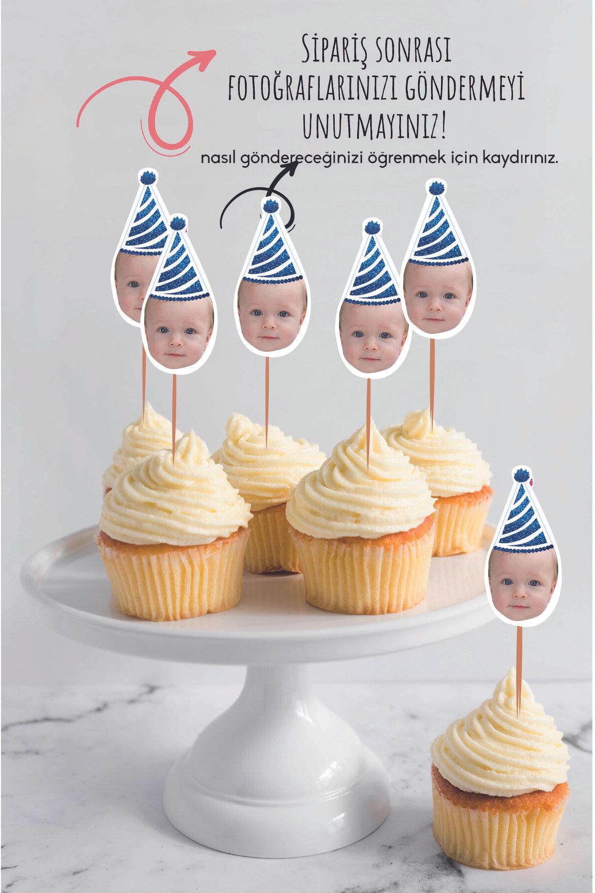 Tasarımco Doğum Günü Parti Cup Cake Süsü, Fotoğraflı Pasta Süsü 10 Adet Mavi Şapka