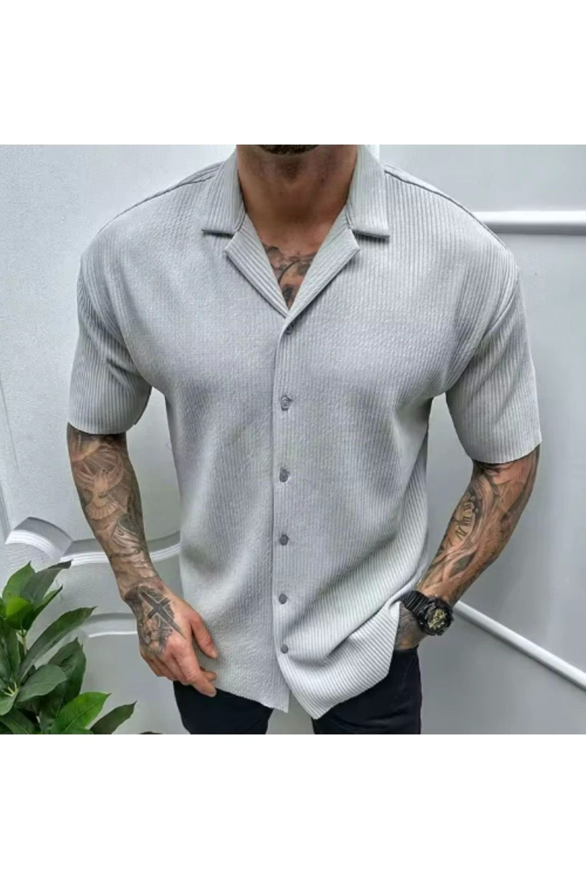 Store Geniş Yaka Kısa Kollu Fitilli Erkek Yazlık Gömlek