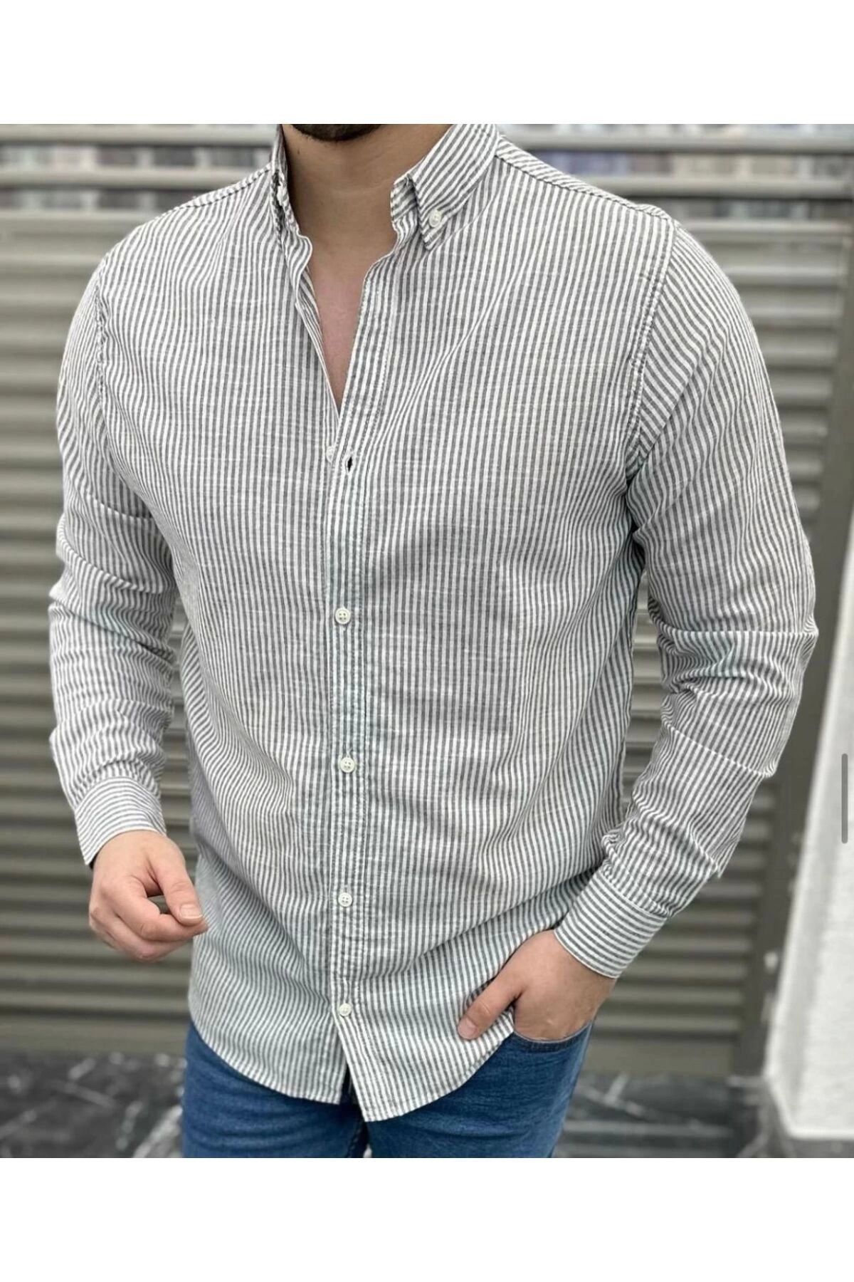 LC Waikiki LCWAIKIK Keten Çizgili Slim Fit Erkek Şık Premium Kalite Düğmeli Pamuklu Erkek Gömlek Klasik ve Spor