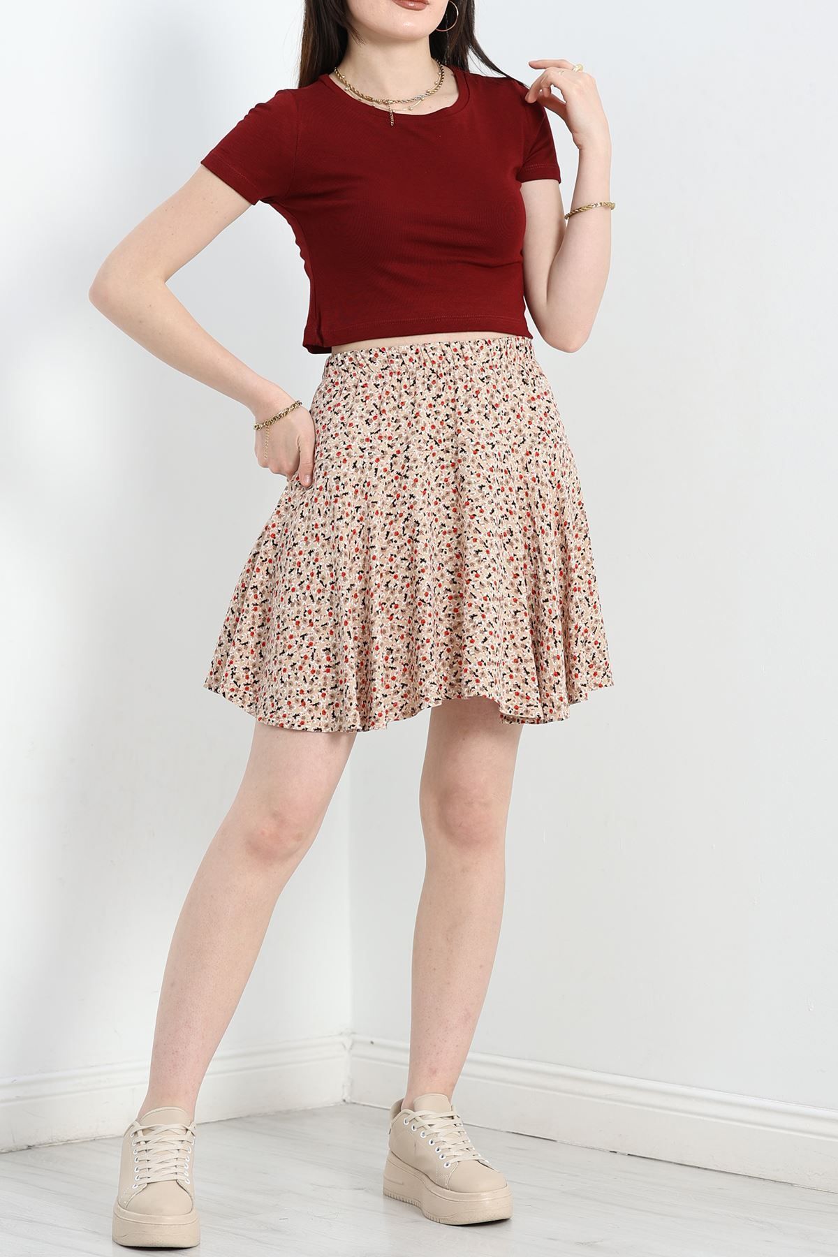 Fashi10 Desenli Mini Etek Bejçiçek