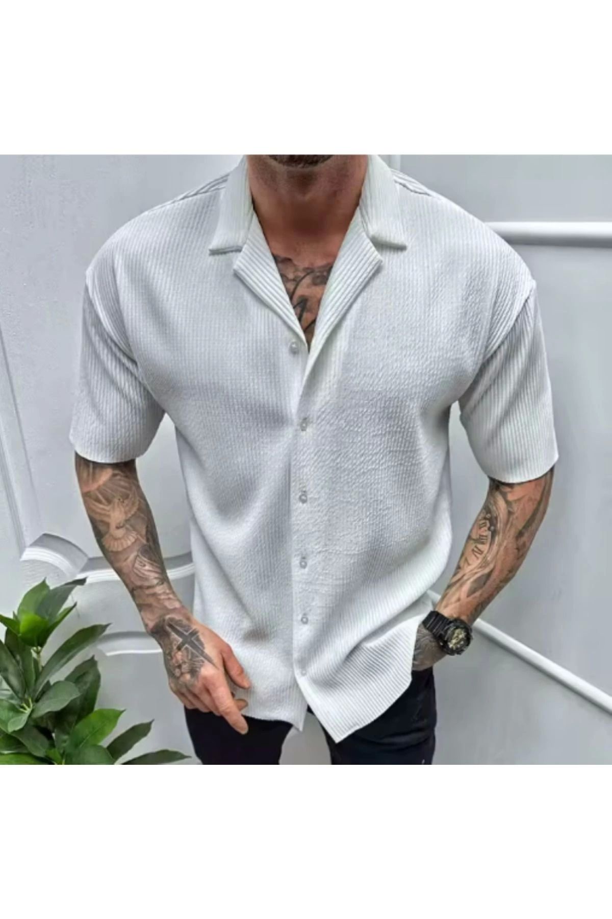 Store Geniş Yaka Kısa Kollu Fitilli Erkek Yazlık Gömlek