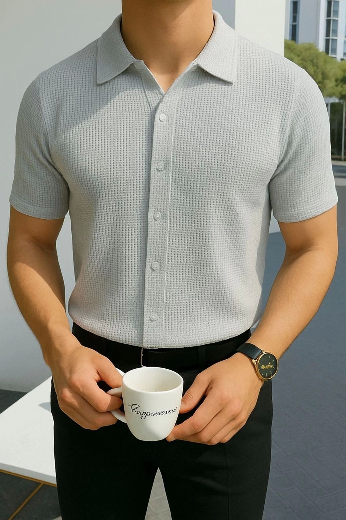 Store %100 Pamuk Waffle Kumaş Ütü İstemeyen Kısa Kollu Erkek Yazlık Gömlek