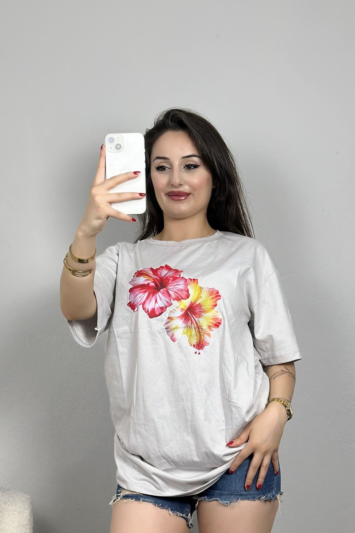 Fashi10 Lüx Penye Dijital Baskılı Oversize Tişört Dumangri