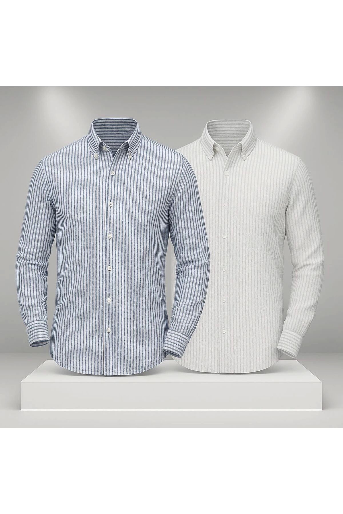 LC Waikiki LCWAIKIK 2'li Avantaj Keten Çizgili Slim Fit Şık Premium Kalite Düğmeli Pamuklu Erkek Gömlek