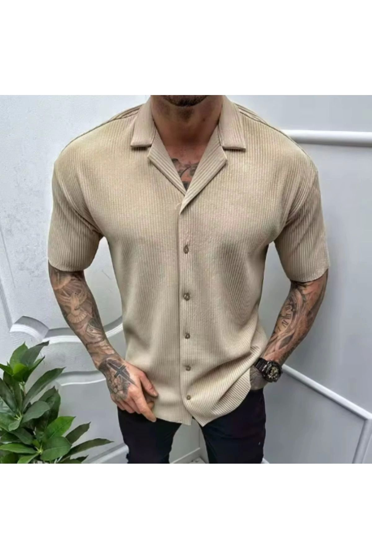Store Geniş Yaka Kısa Kollu Fitilli Erkek Yazlık Gömlek