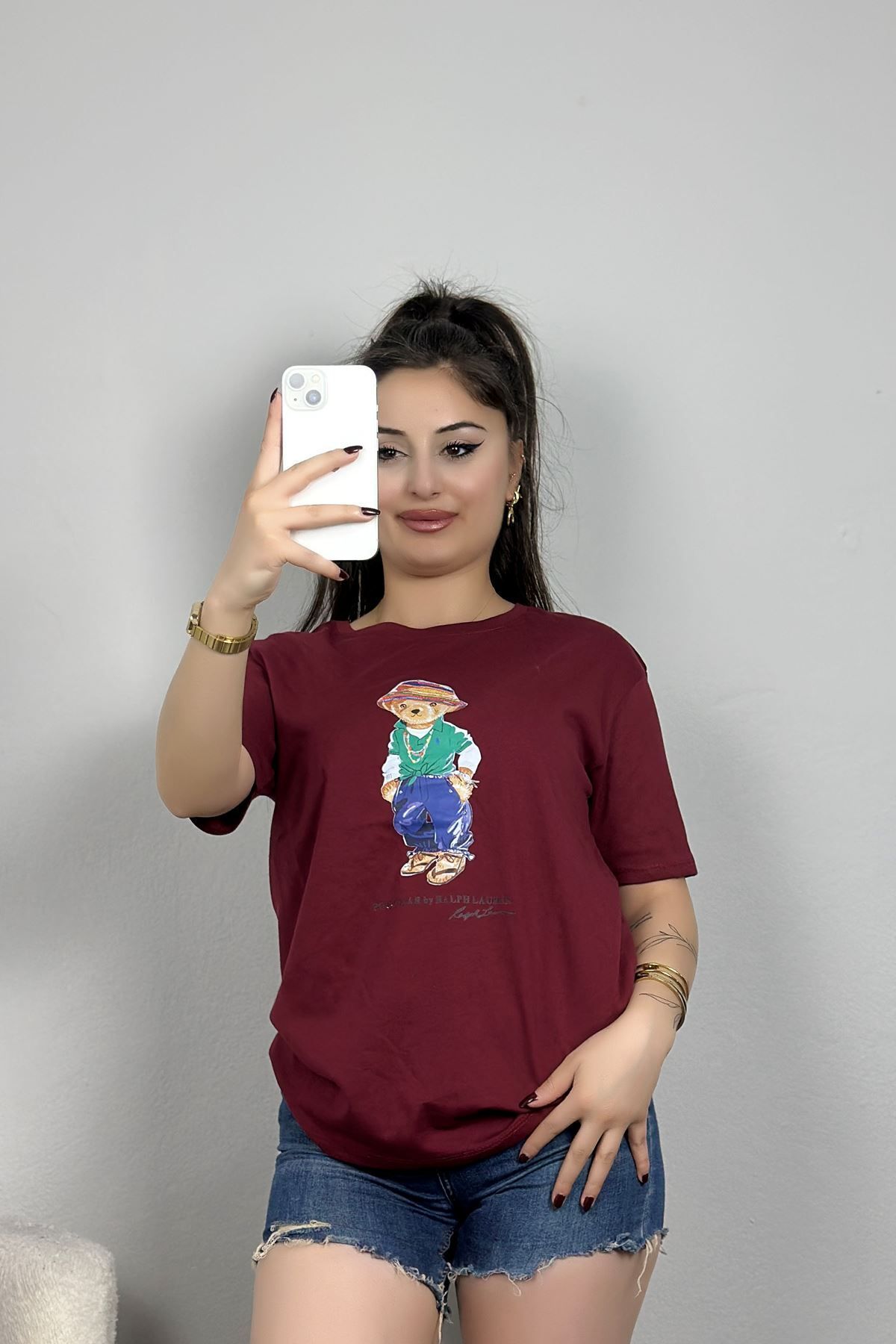 Fashi10 Baskılı Bisiklet Yaka Lüks Penye Tişört Bordo