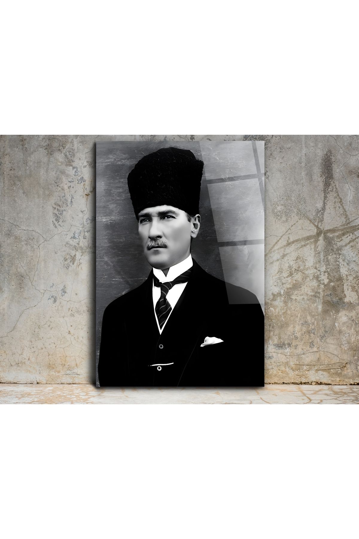 Pixel Decoration Siyah Beyaz Atatürk Portresi Cam Tablo - Atatürk Tablosu - Modern Ev ve Ofis Dekoru
