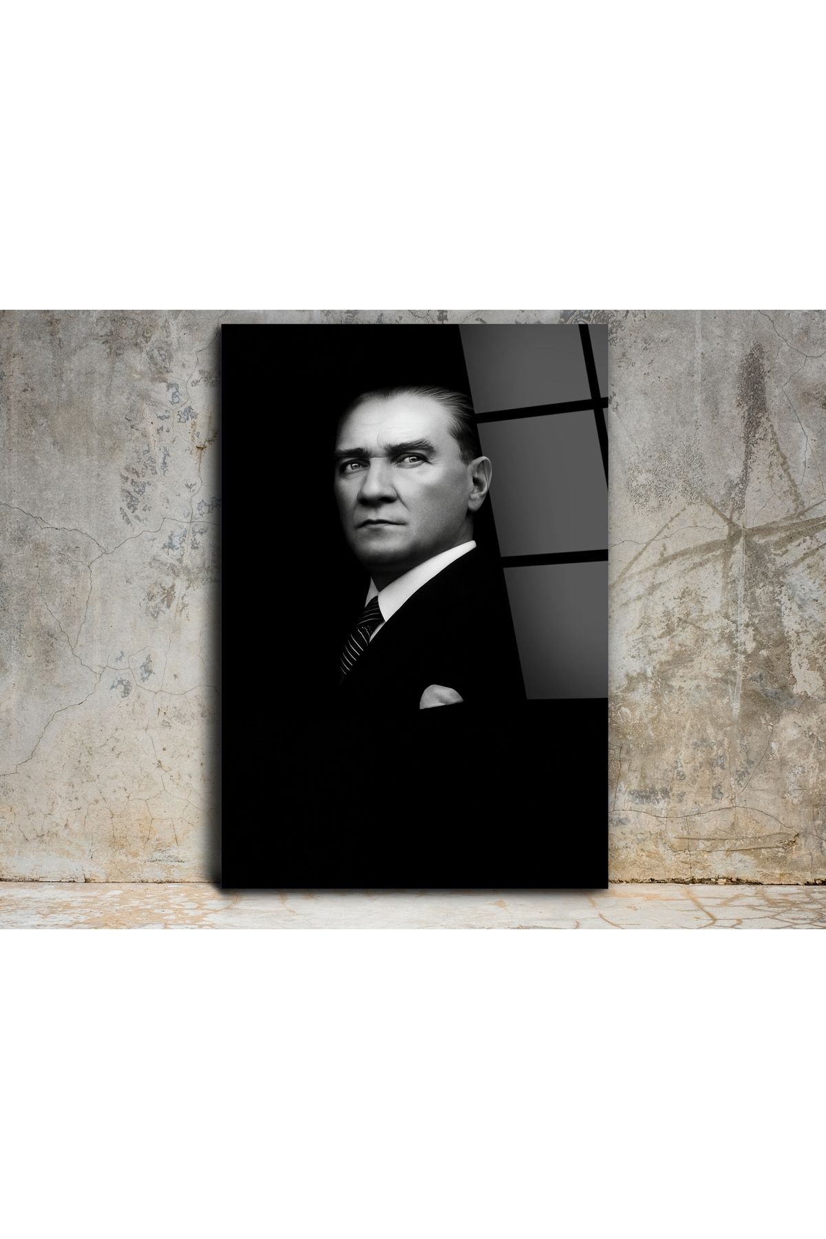 Pixel Decoration Siyah Beyaz Atatürk Portresi Cam Tablo - Atatürk Tablosu - Gazi Mustafa Kemal Ev ve Ofis Dekoru