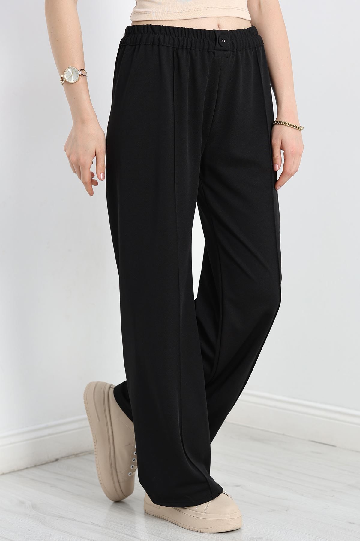 Fashi10 Bol Paça Düğmeli Pantolon Siyah
