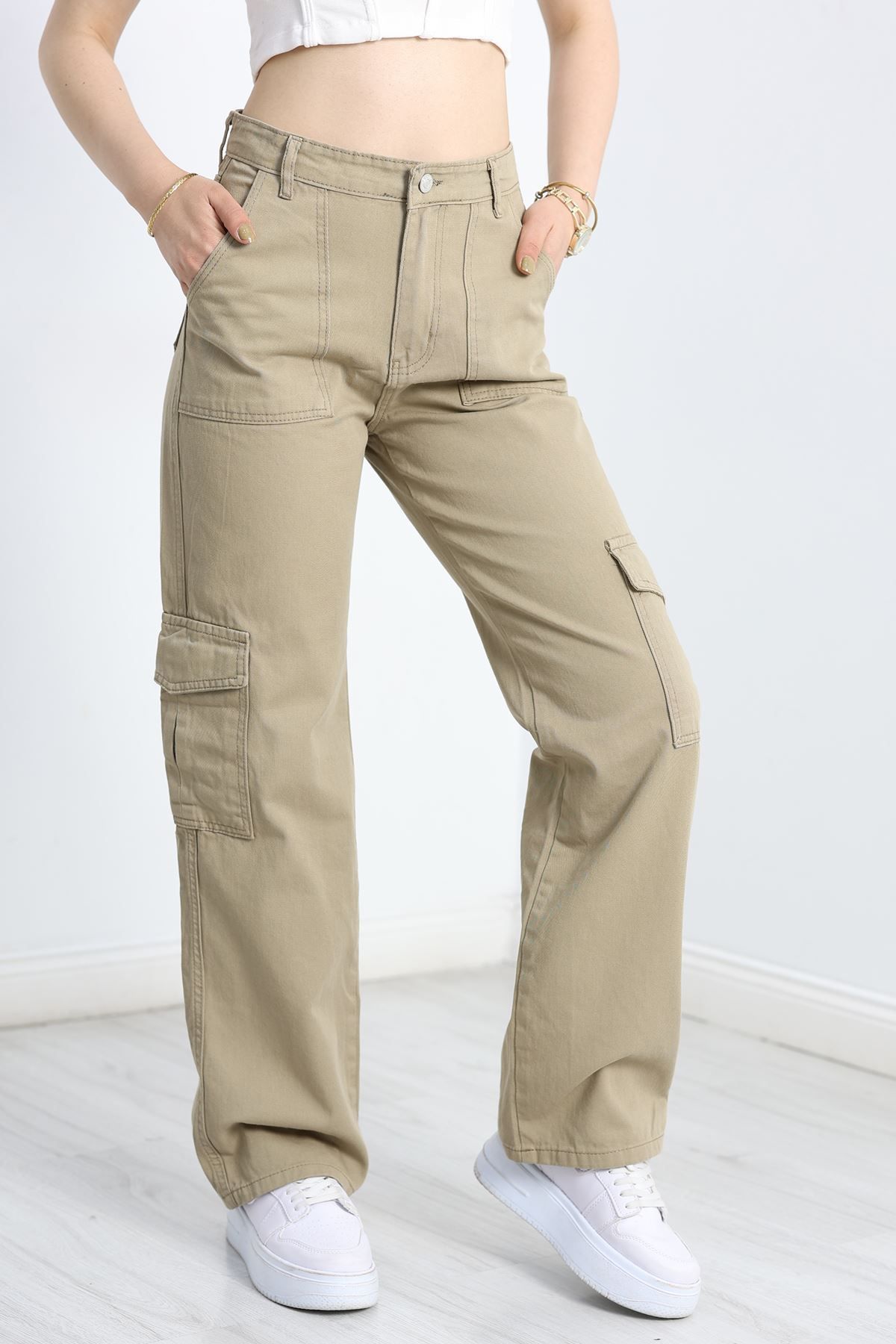 Fashi10 Kargo Cep Palazzo Pantolon Haki