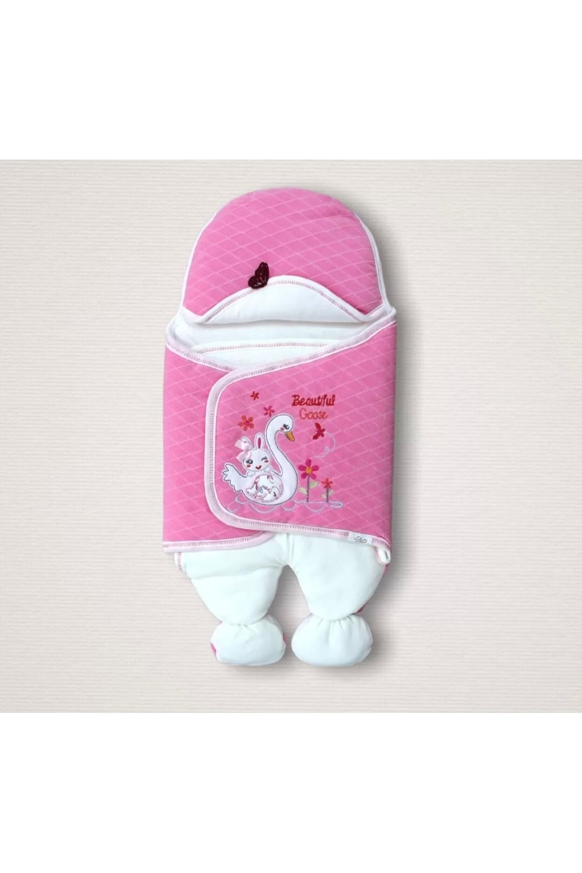Haye Collection Yenidoğan Çiçekli Ördek Nakışlı Şapkalı Kız Bebek Ayaklı Kundak Bebek Battaniyesi Pembe