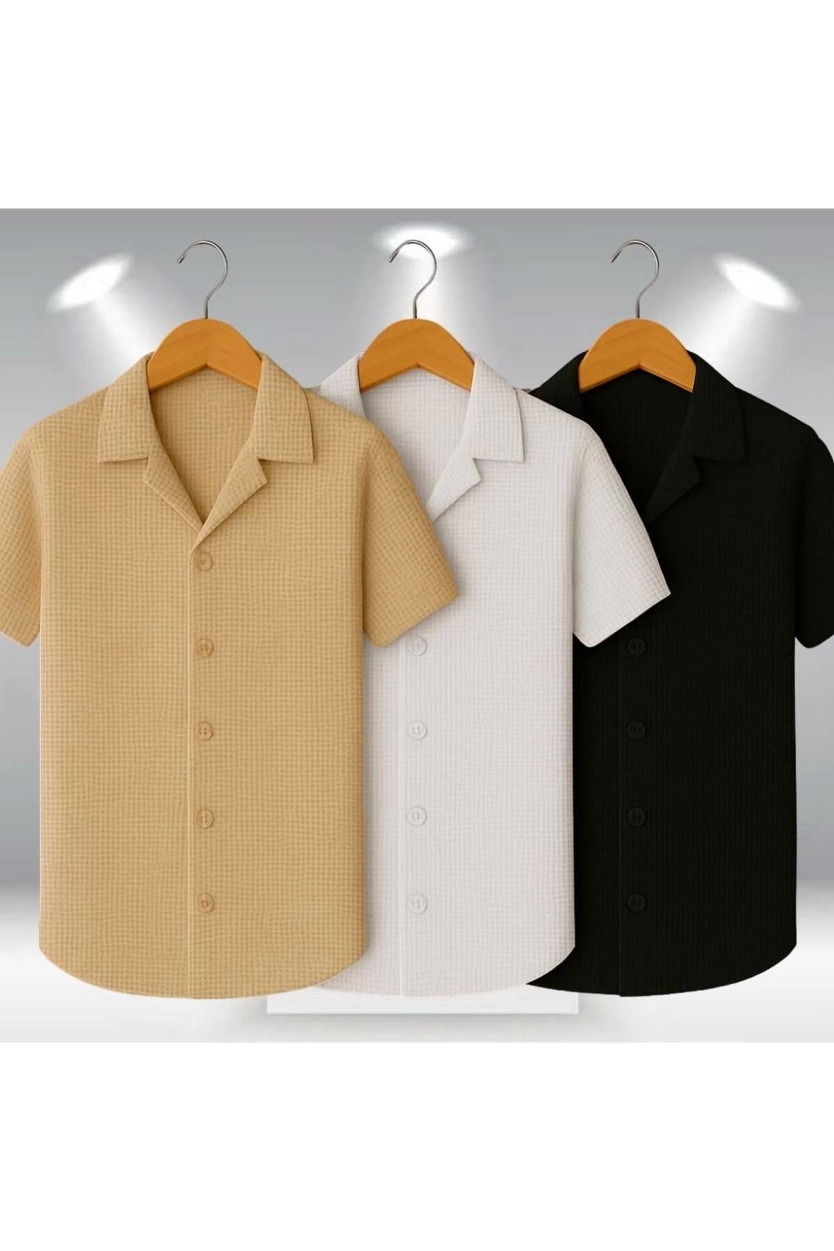 Store 3'lü Avantaj Paket %100 Pamuk Şık Premium Kalite Erkek Kısa Kol Yazlık Waffle Kumaş Gömlek