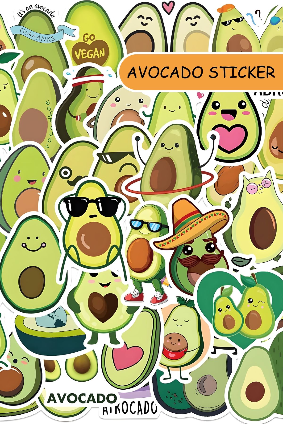 Grafikup Sevimli Avocado Sticker Seti - 50 Adet Kalem Laptop Defter Suluk Etiketi