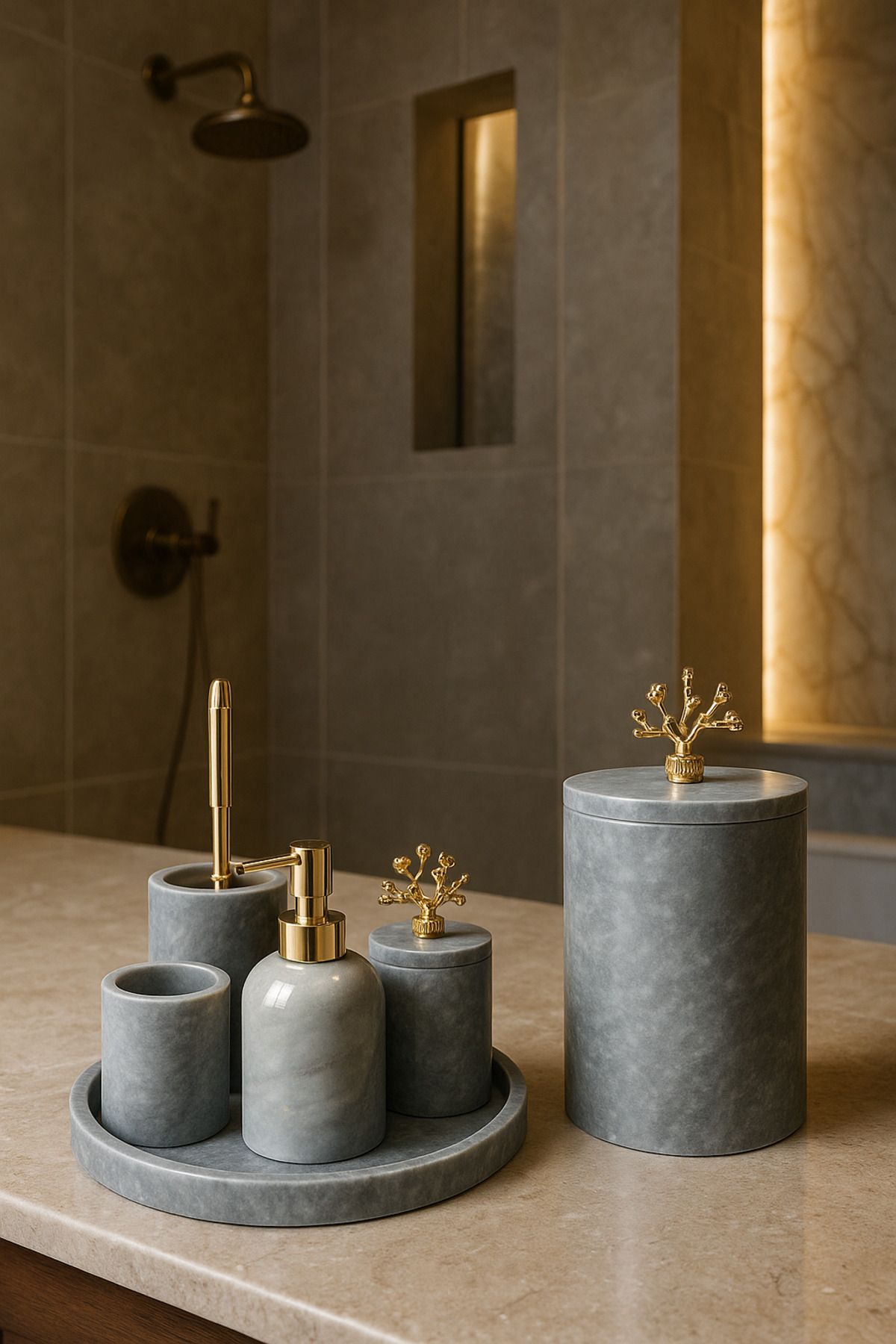 stonx DEKORATİF DOĞAL GRİ MERMER Mercan Aksesuar Detaylı 7'li Banyo Seti