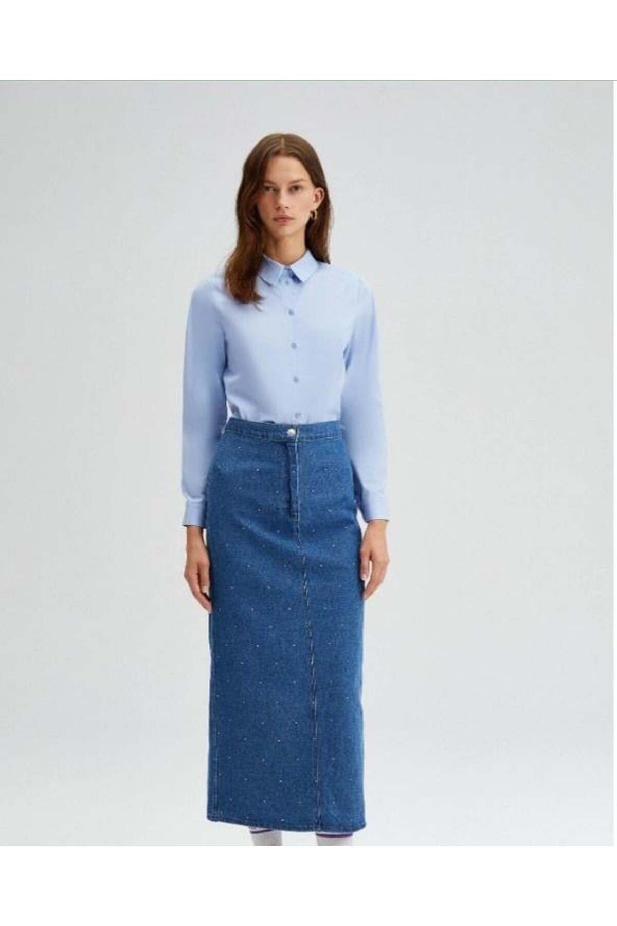 Touche Taş Detaylı Etek Denim