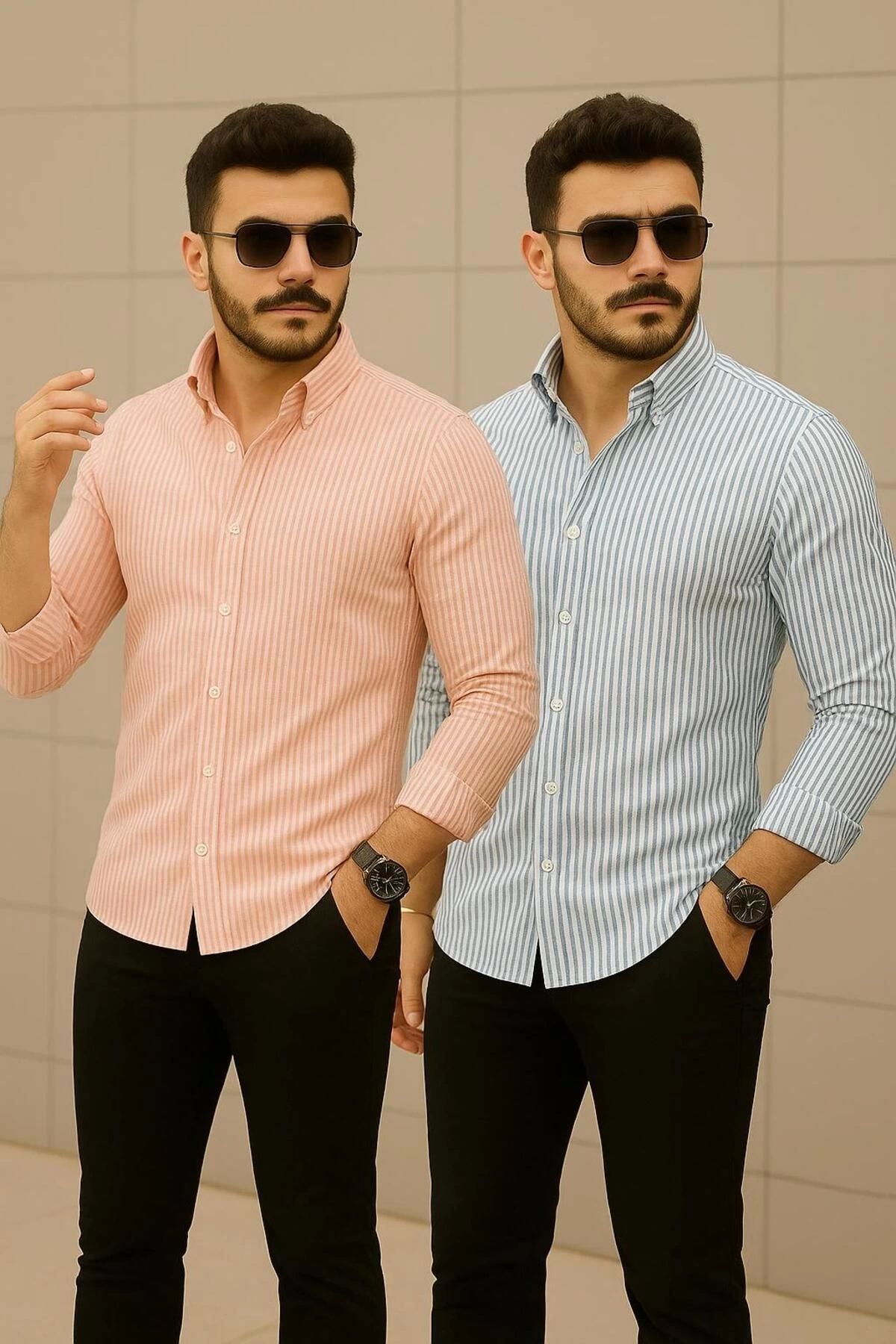 LC Waikiki LCWAIKIKI 2'li Keten Çizgili Slim Fit Şık Premium Kalite Düğmeli Pamuklu Erkek Gömlek Klasik ve Spor