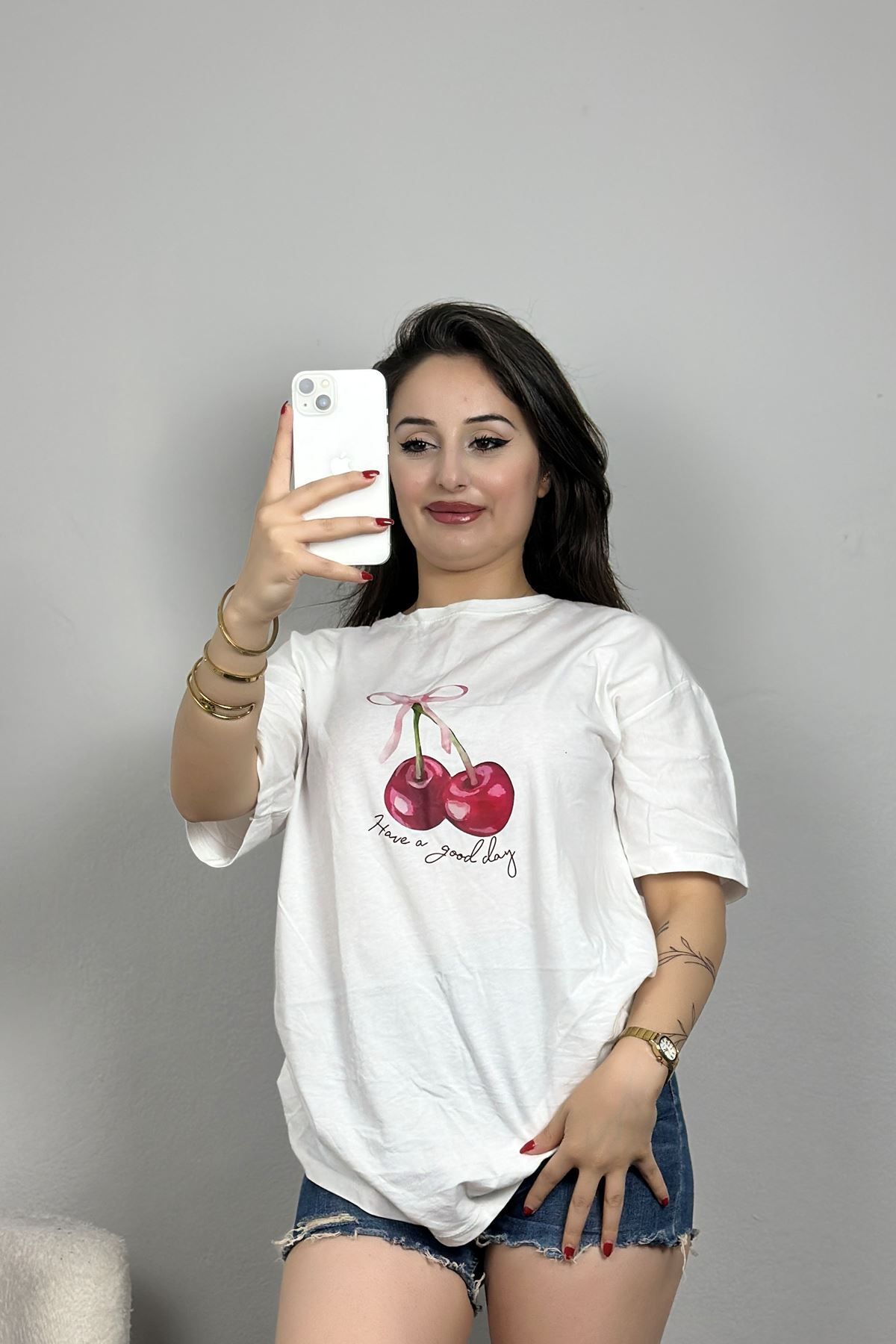 Fashi10 Lüx Penye Dijital Baskılı Oversize Tişört Beyaz
